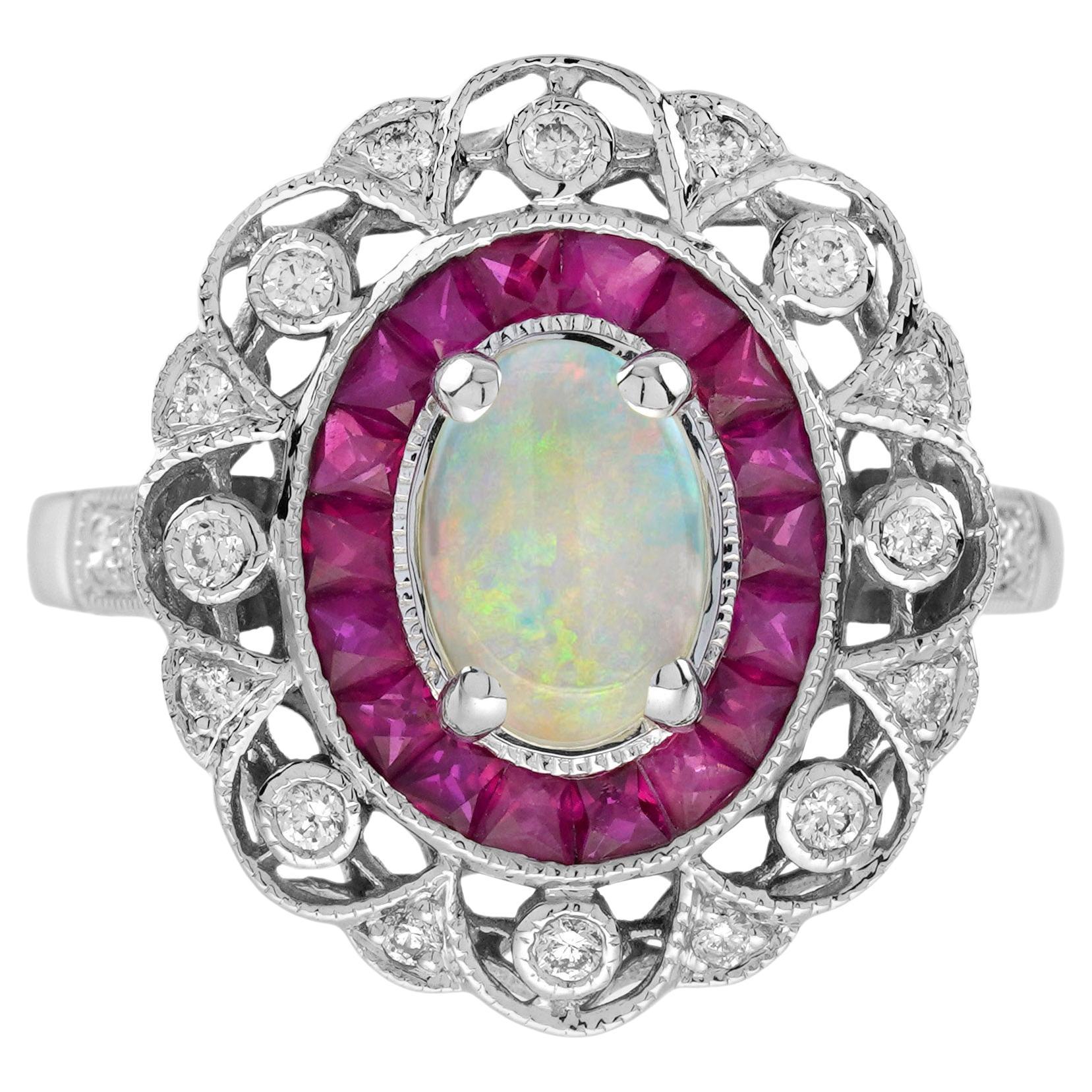 Opal Ruby Diamond Art Deco Style Halo Ring in 14K White Gold