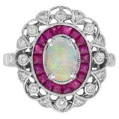 Opal Ruby Diamond Art Deco Style Halo Ring in 14K White Gold