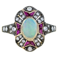 Opal Ruby Diamond Art Deco Style Halo Ring in 14K Yellow Gold Opal Ruby Diamond Art Deco Style Halo Ring in 14K Yellow Gold