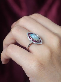 Opal Ruby Diamond Art Deco Style Marquise Target Cocktail Ring in 14K White Gold