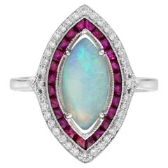 Opal Ruby Diamond Art Deco Style Marquise Target Cocktail Ring in 14K White Gold
