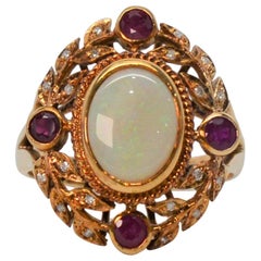 Vintage Opal Ruby Diamond Edwardian Style Yellow Gold Ring