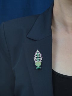 Opal Ruby Emerald Diamond Antique Style Vase Brooch in 14K White Gold