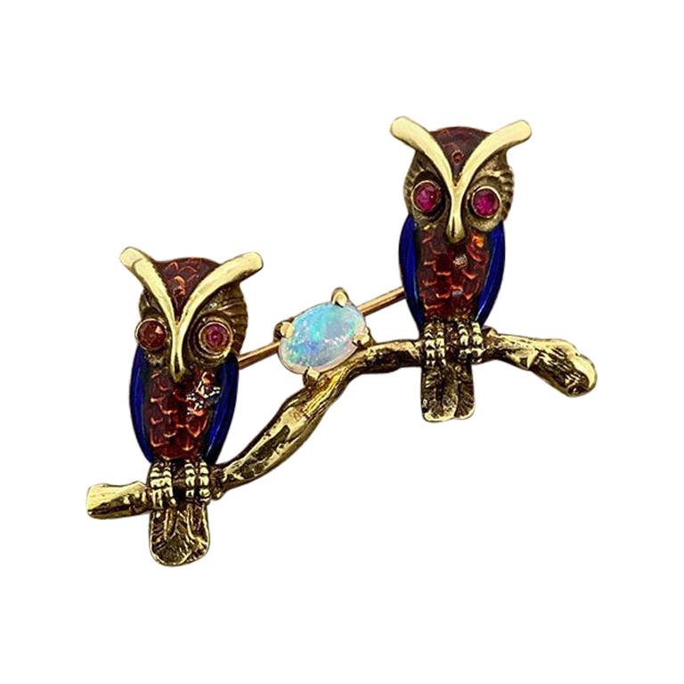 Opal Ruby Enamel Owl Gold Pin-Brooch For Sale