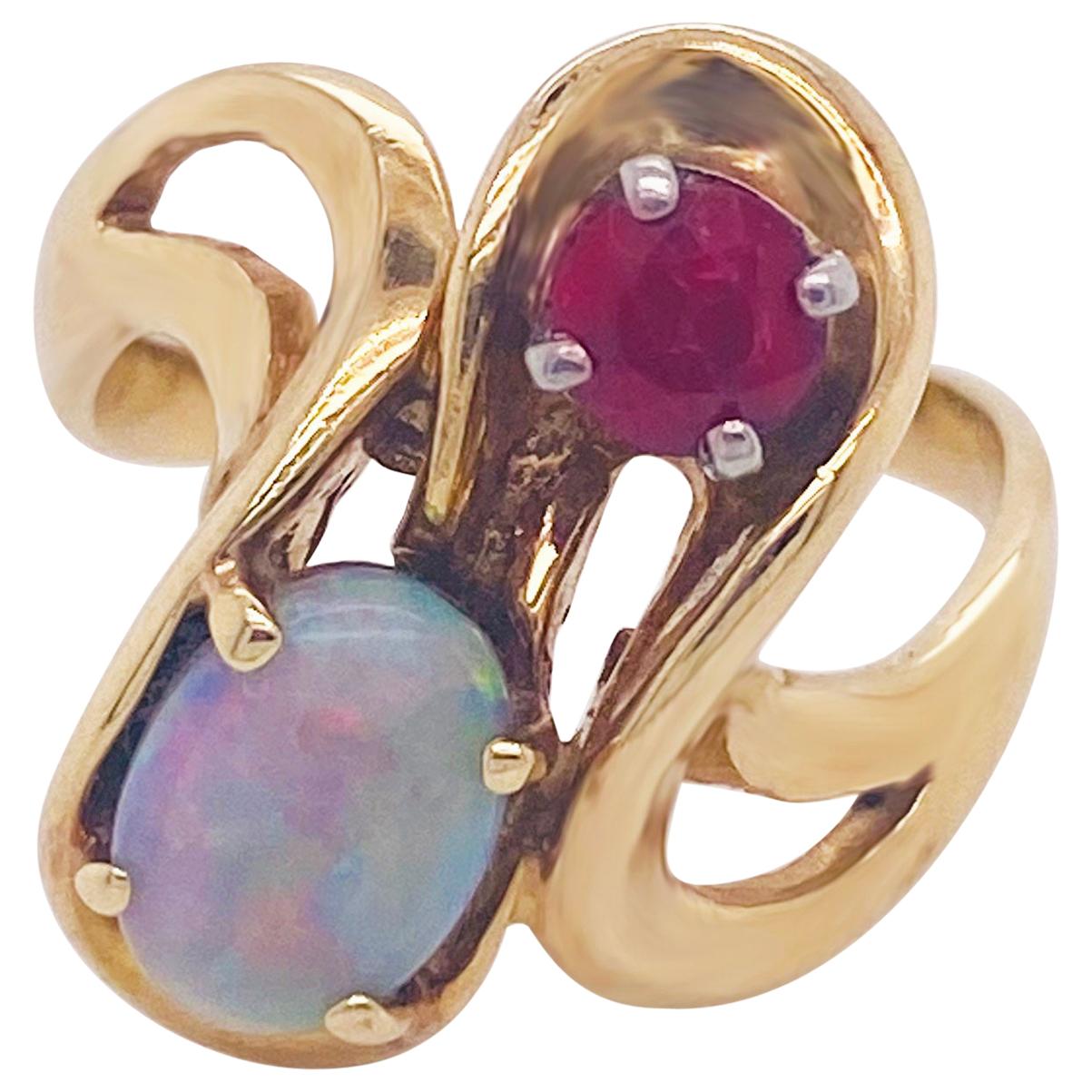 Opal & Ruby Freeform Ring 14k Yellow Custom Ring Design October July Birthstone