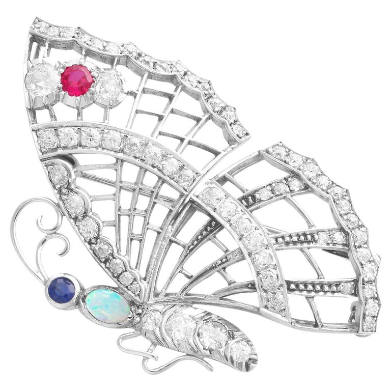 Opal Ruby Sapphire and 3.50 Carat Diamond Butterfly Brooch For Sale