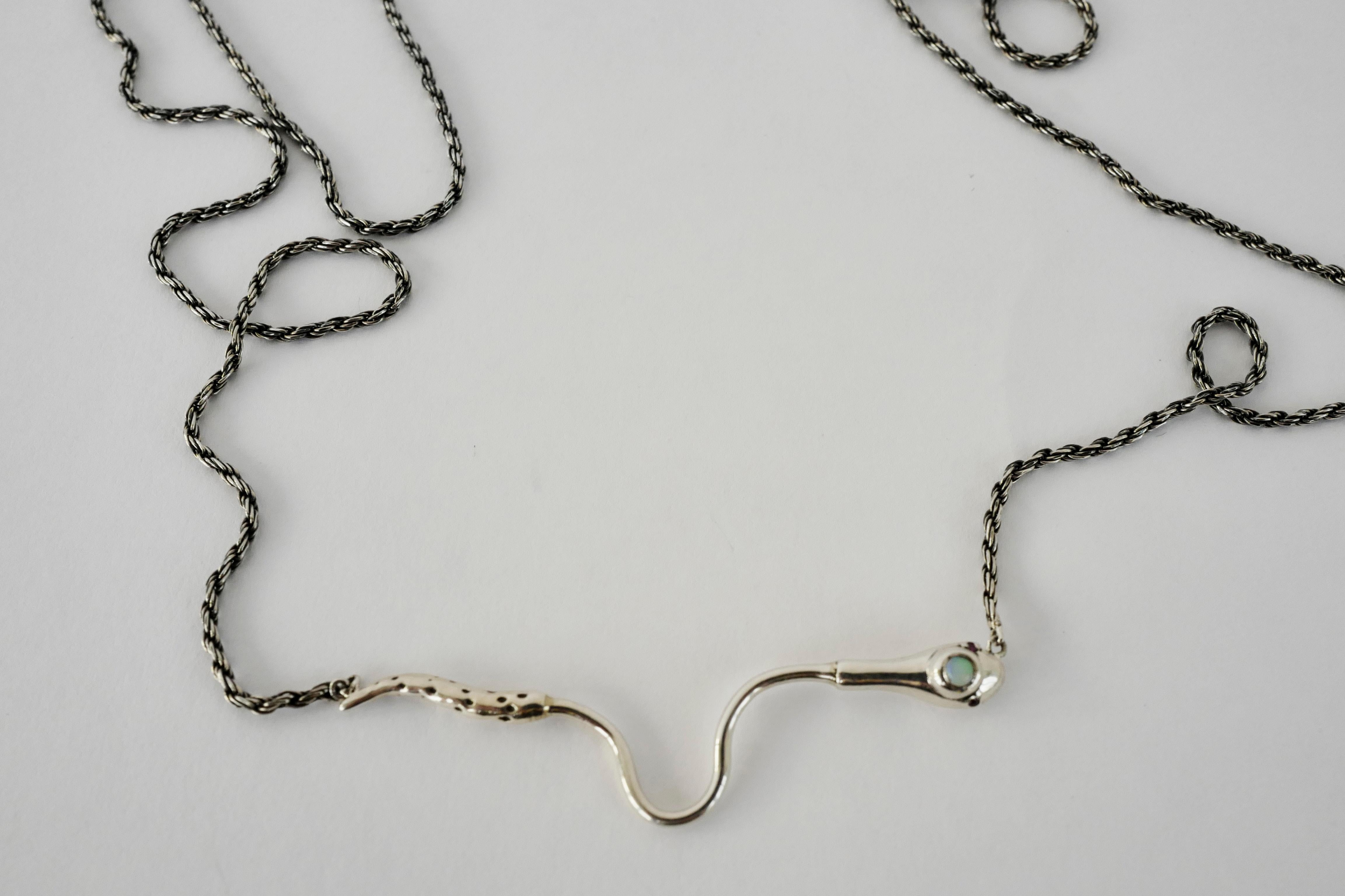 Opal Ruby Snake Necklace Italian Silver Chain J Dauphin In New Condition For Sale In Los Angeles, CA