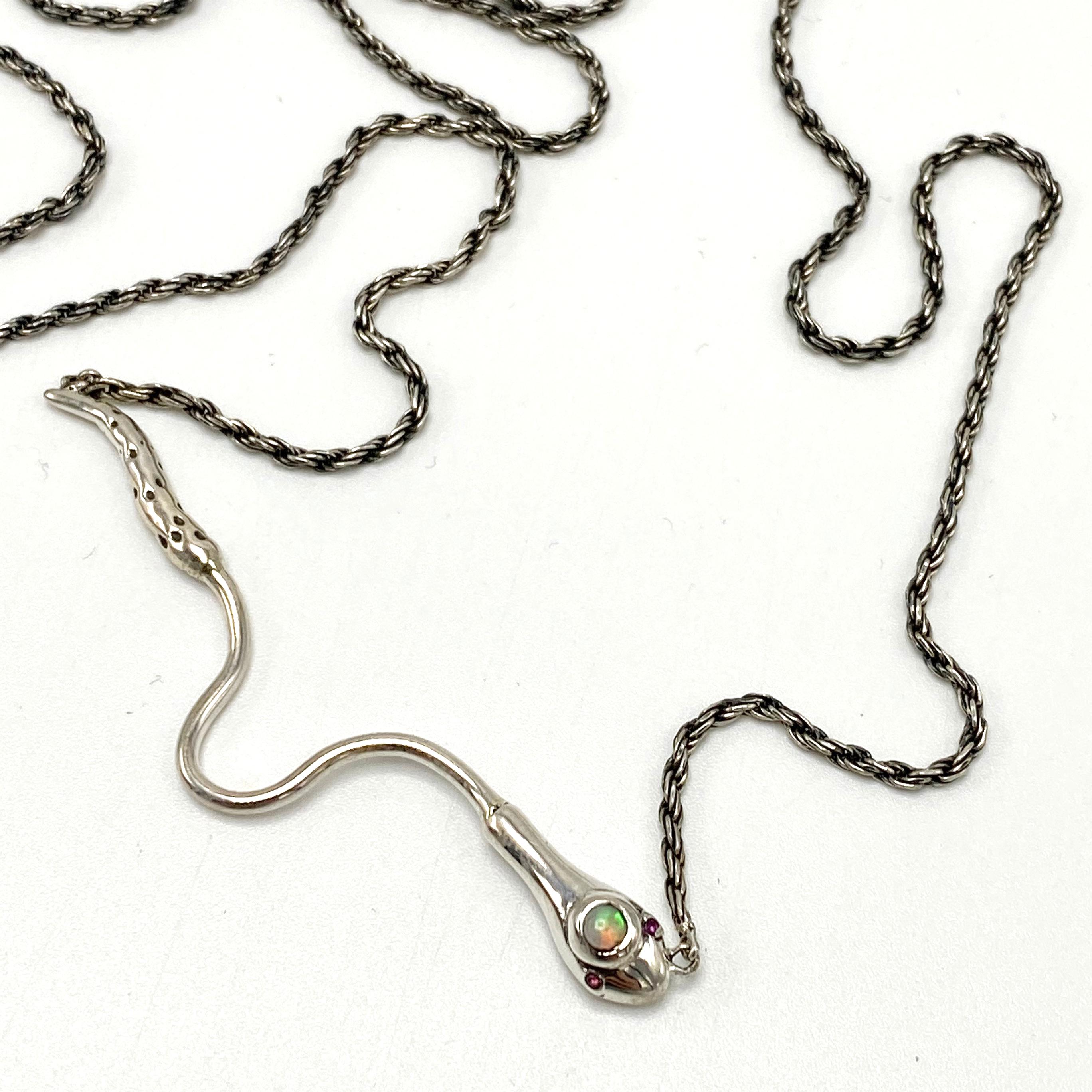 Round Cut White Diamond Ruby Snake Necklace Italian Silver Chain J Dauphin For Sale