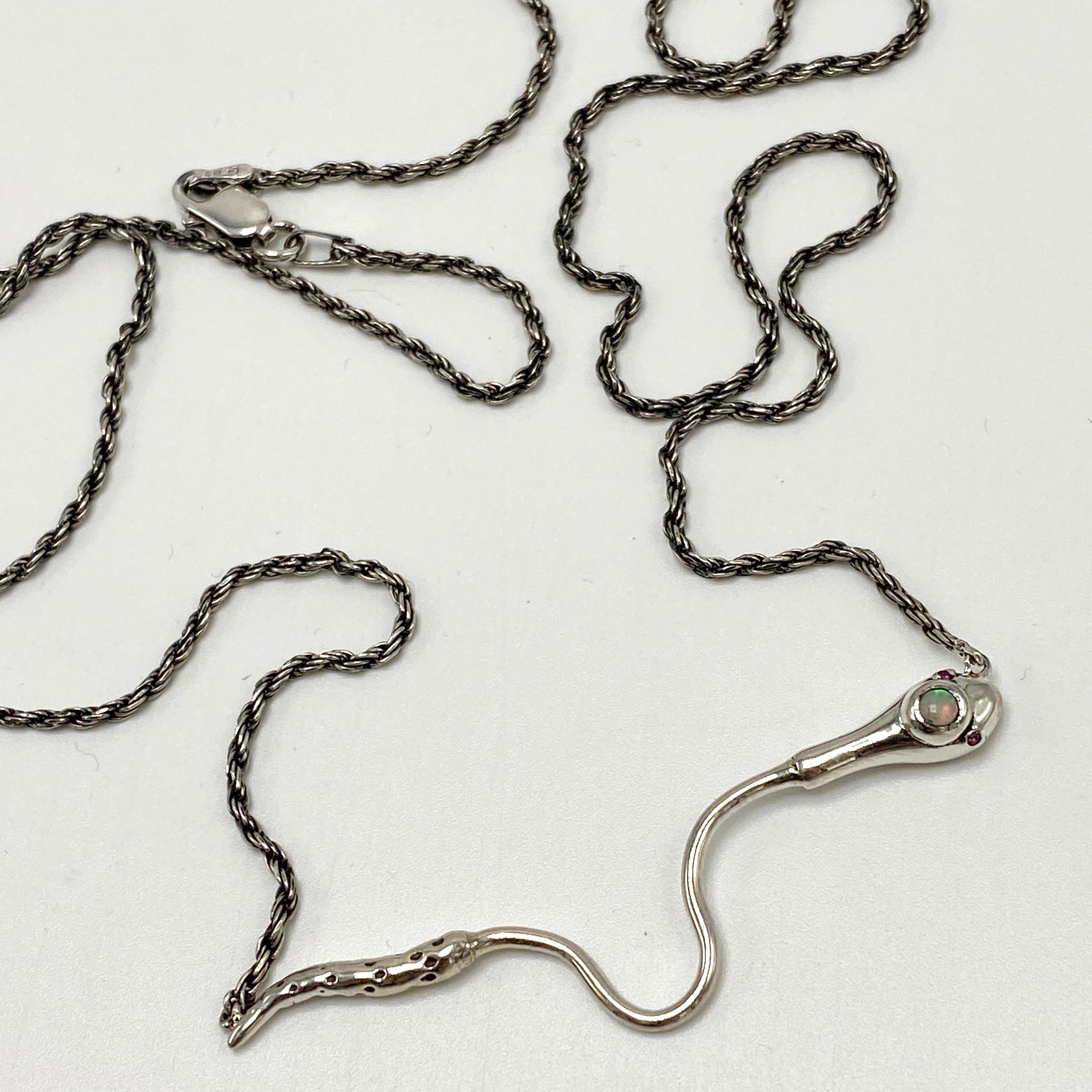 Women's White Diamond Ruby Snake Necklace Italian Silver Chain J Dauphin For Sale