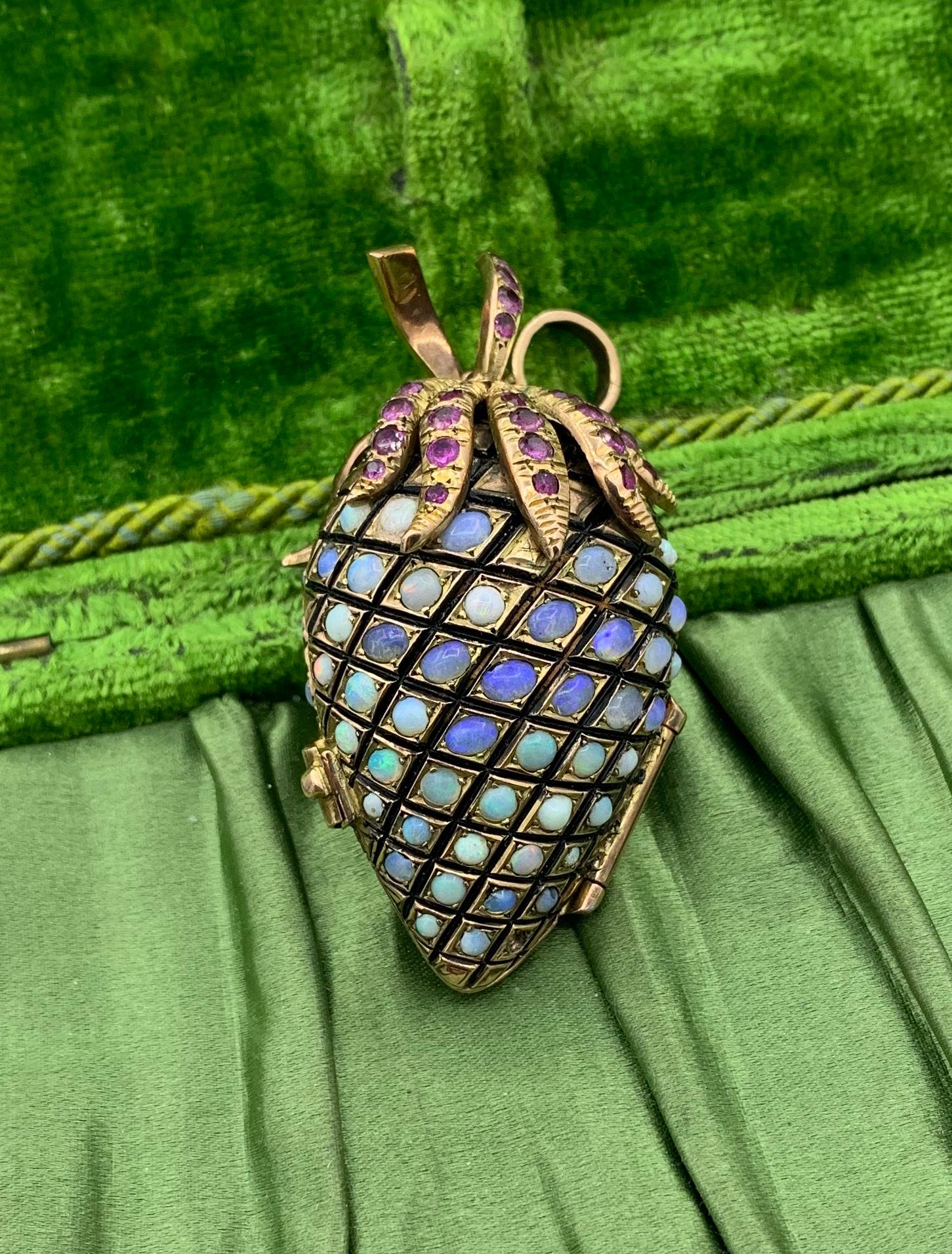 Opal Ruby Strawberry Pinecone Locket Pendant Necklace Enamel Gold MidCentury 3