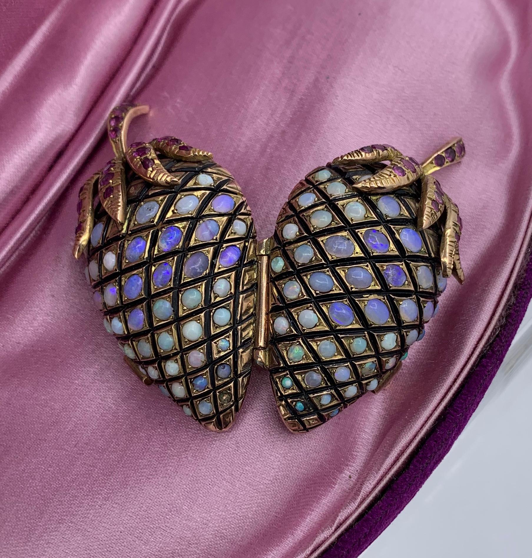 Opale rubino fragola pigna Collana ciondolo smalto oro MidCentury 3