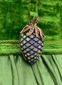 Opal Ruby Strawberry Pinecone Locket Pendant Necklace Enamel Gold MidCentury 3"