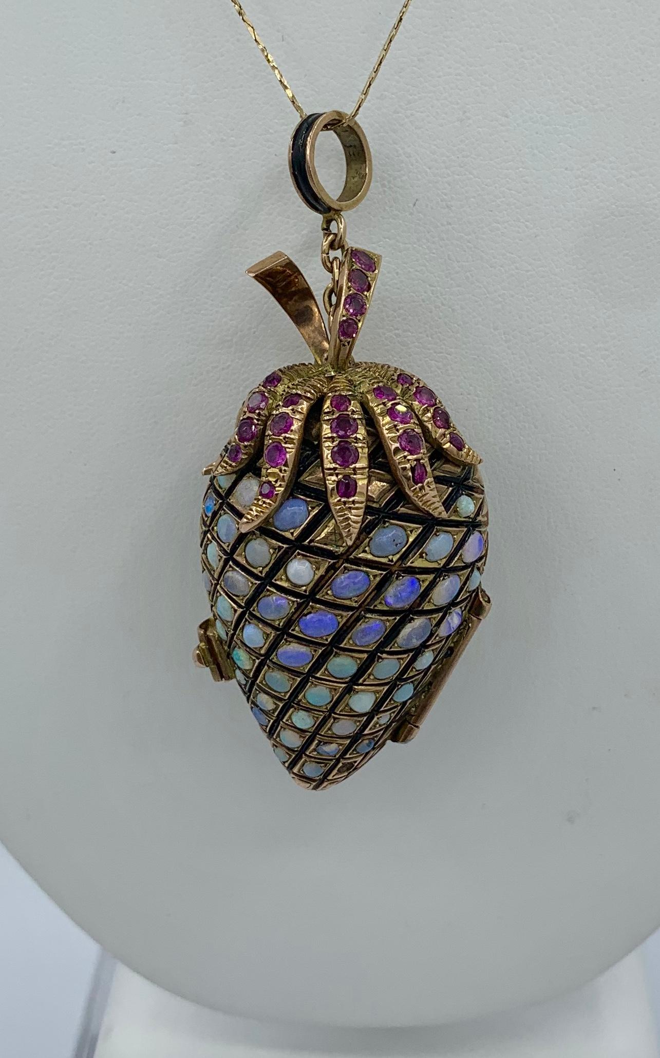 Cabochon Opal Ruby Strawberry Pinecone Locket Pendant Necklace Enamel Gold MidCentury 3