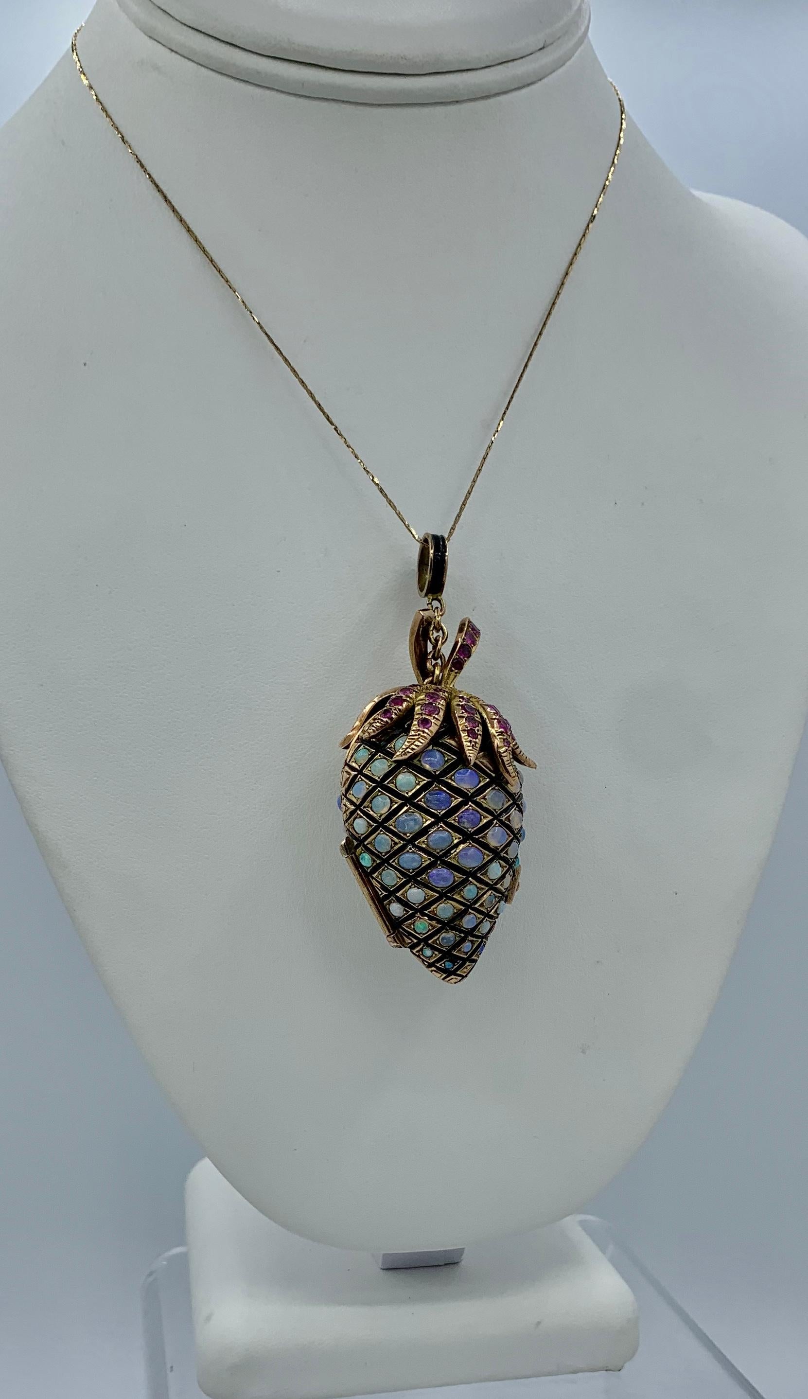 Women's Opal Ruby Strawberry Pinecone Locket Pendant Necklace Enamel Gold MidCentury 3