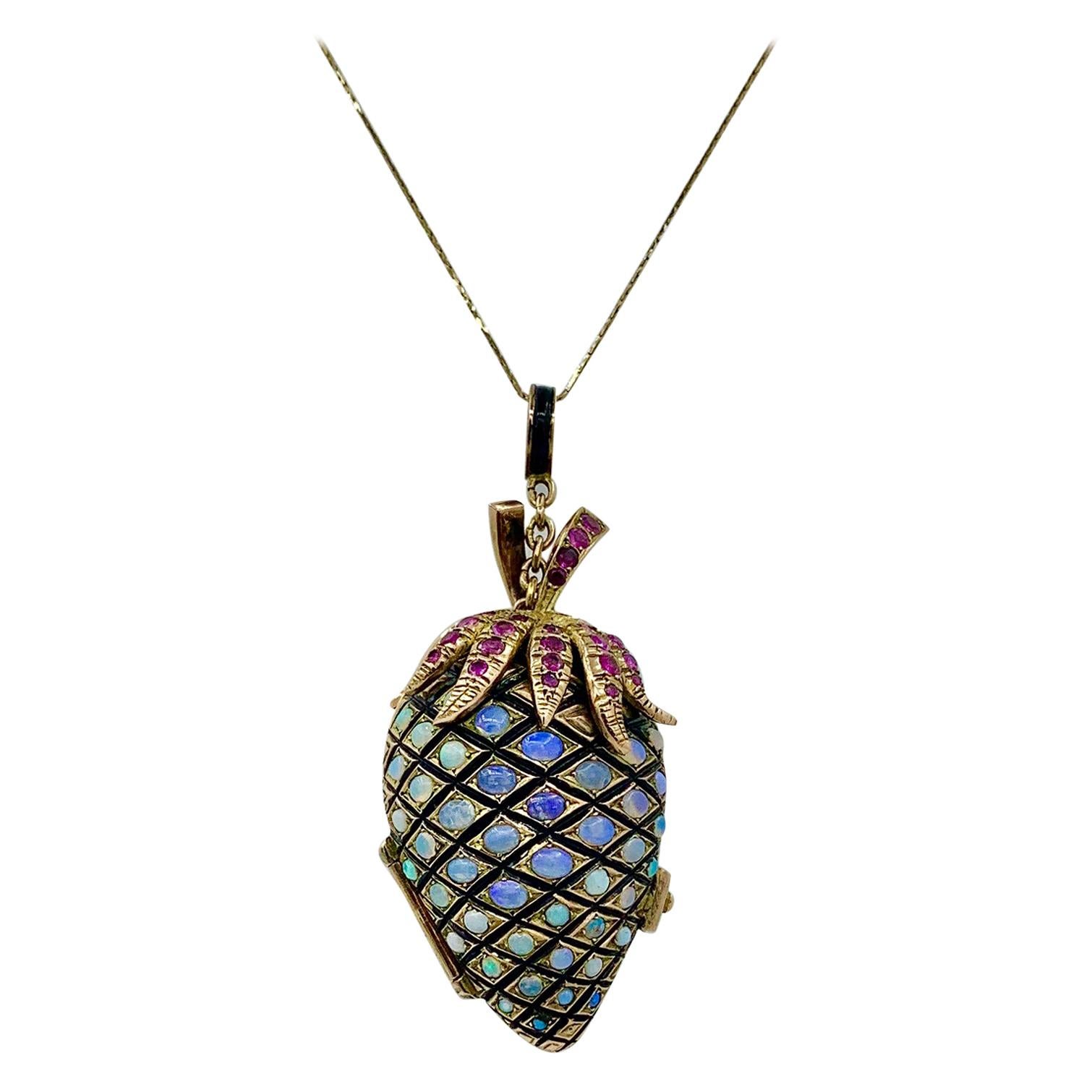 Opal Ruby Strawberry Pinecone Locket Pendant Necklace Enamel Gold MidCentury 3" For Sale