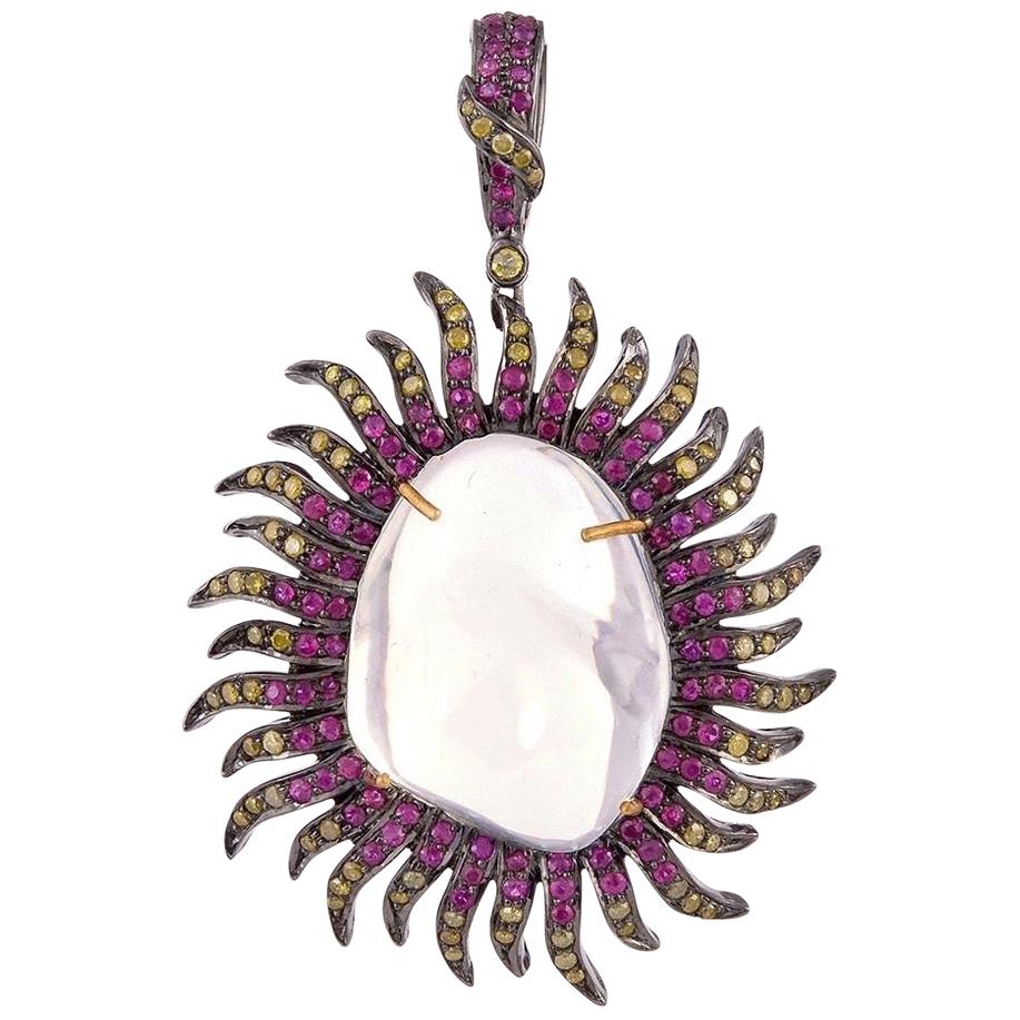 Opal Ruby Sun Diamond Pendant Necklace For Sale