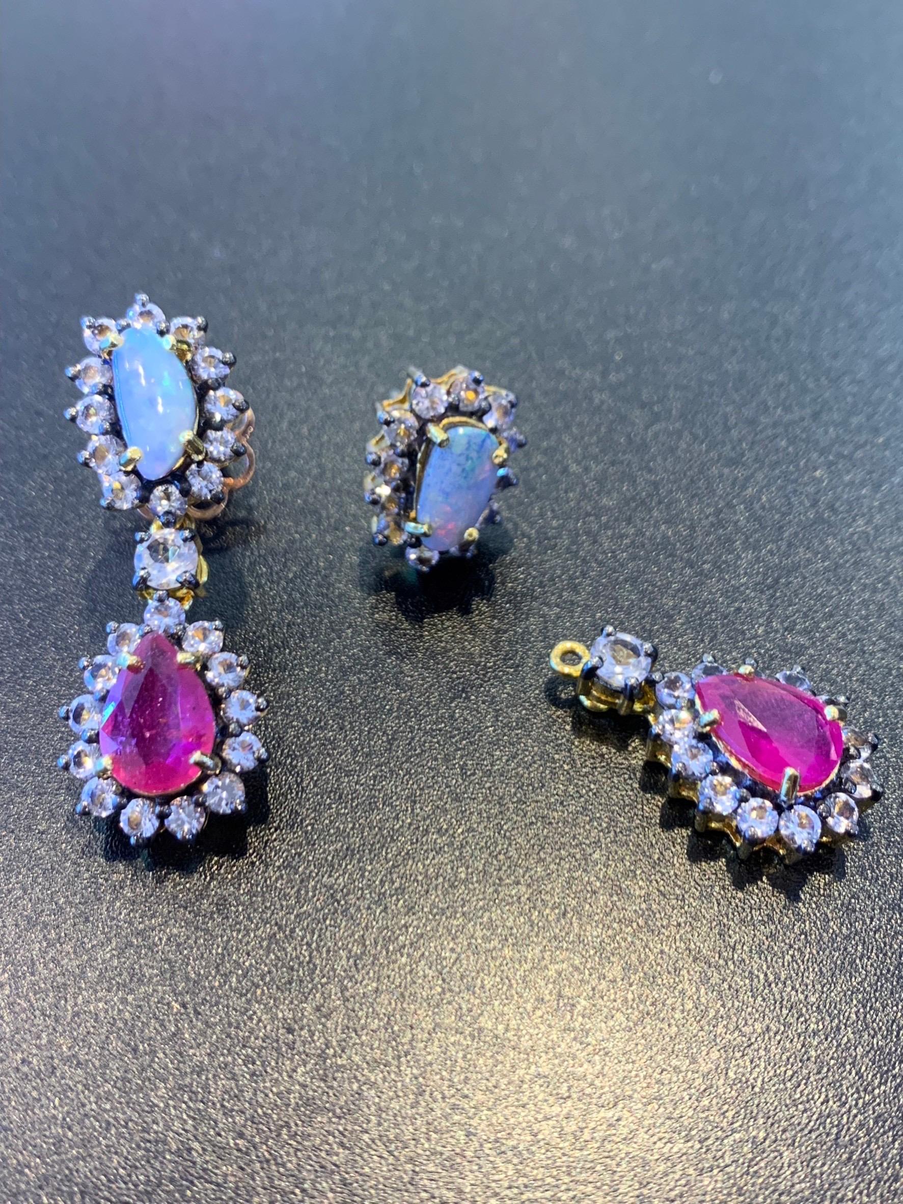 Bochic “Capri” Opal, Ruby & White Topaz Drop & 22k Pink Gold and Silver  In New Condition For Sale In New York, NY