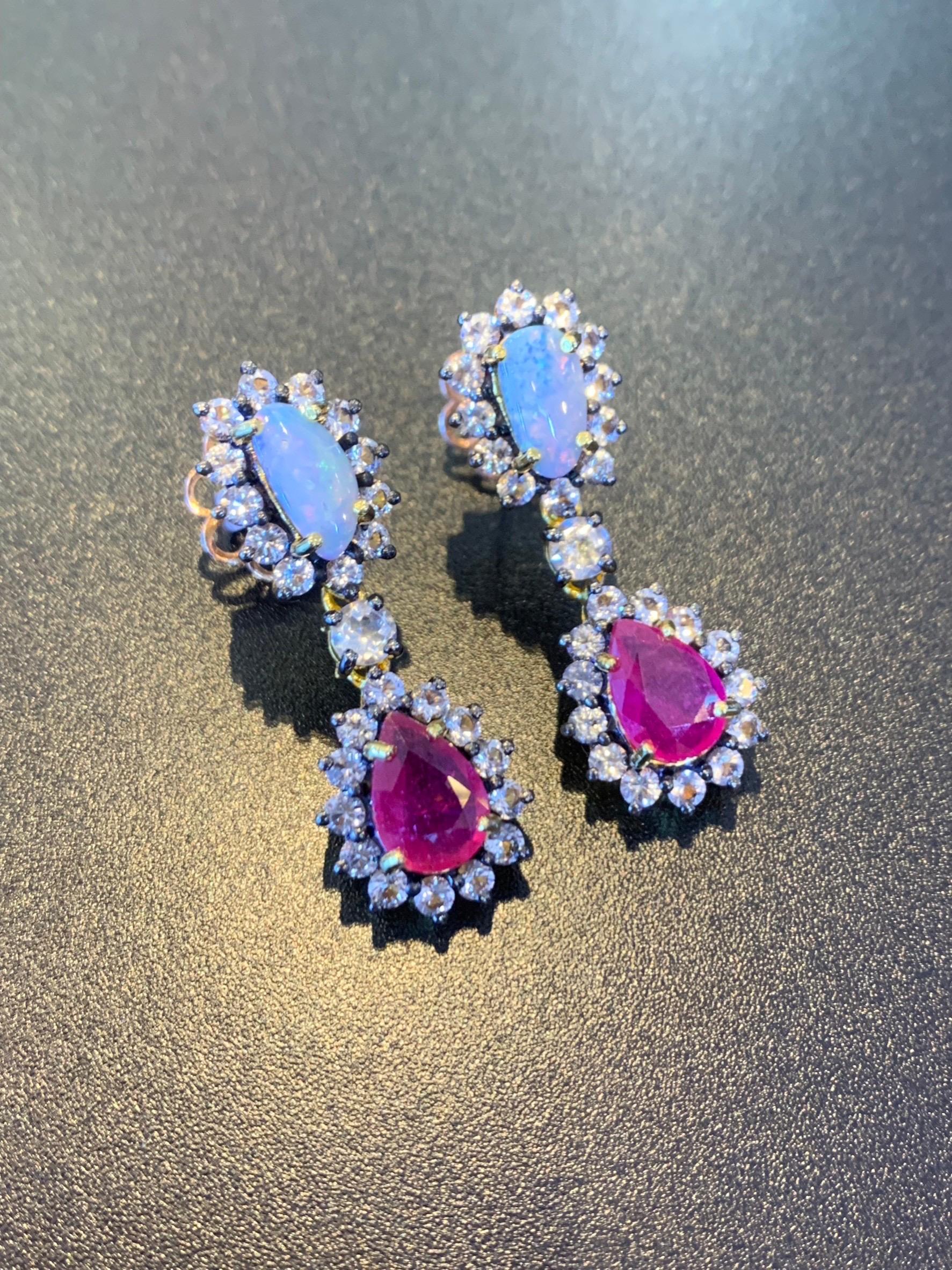 Bochic “Capri” Opal, Ruby & White Topaz Drop & 22k Pink Gold and Silver  For Sale 2