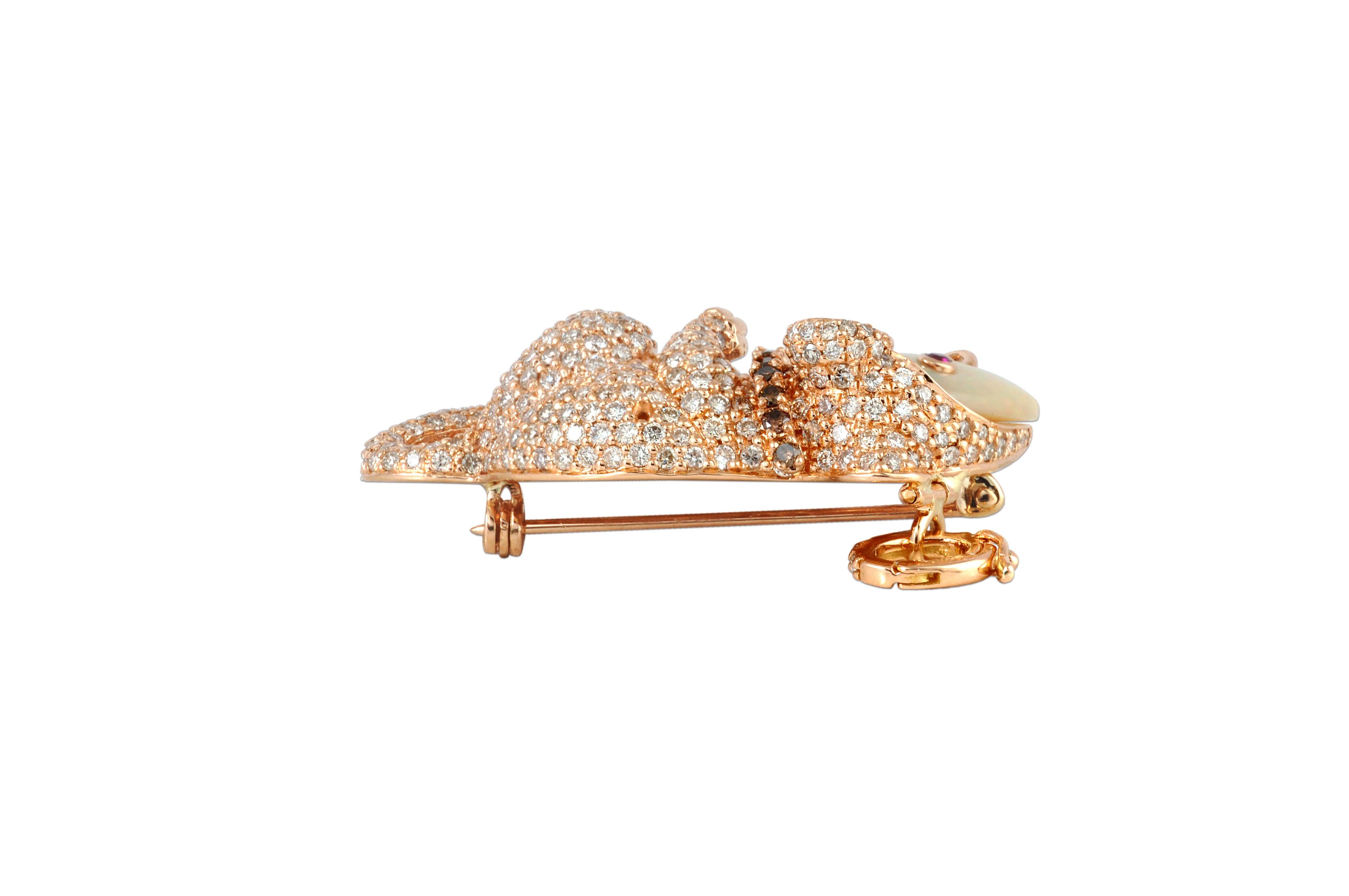 Uncut Opal, Ruby with Brown Diamond Mouse Brooch Set in 18 Karat Rose Gold Settings For Sale