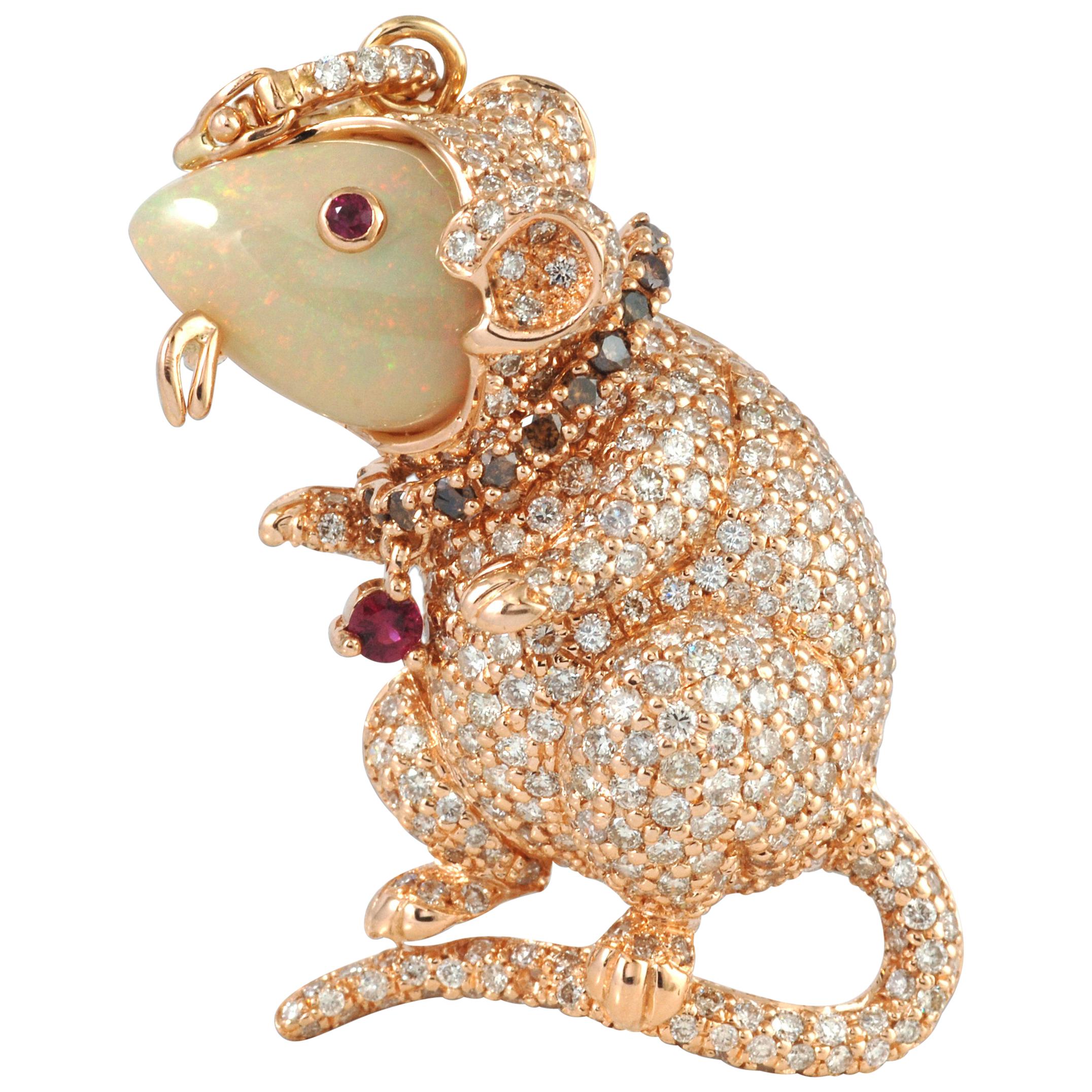Opal, Ruby with Brown Diamond Mouse Brooch Set in 18 Karat Rose Gold Settings