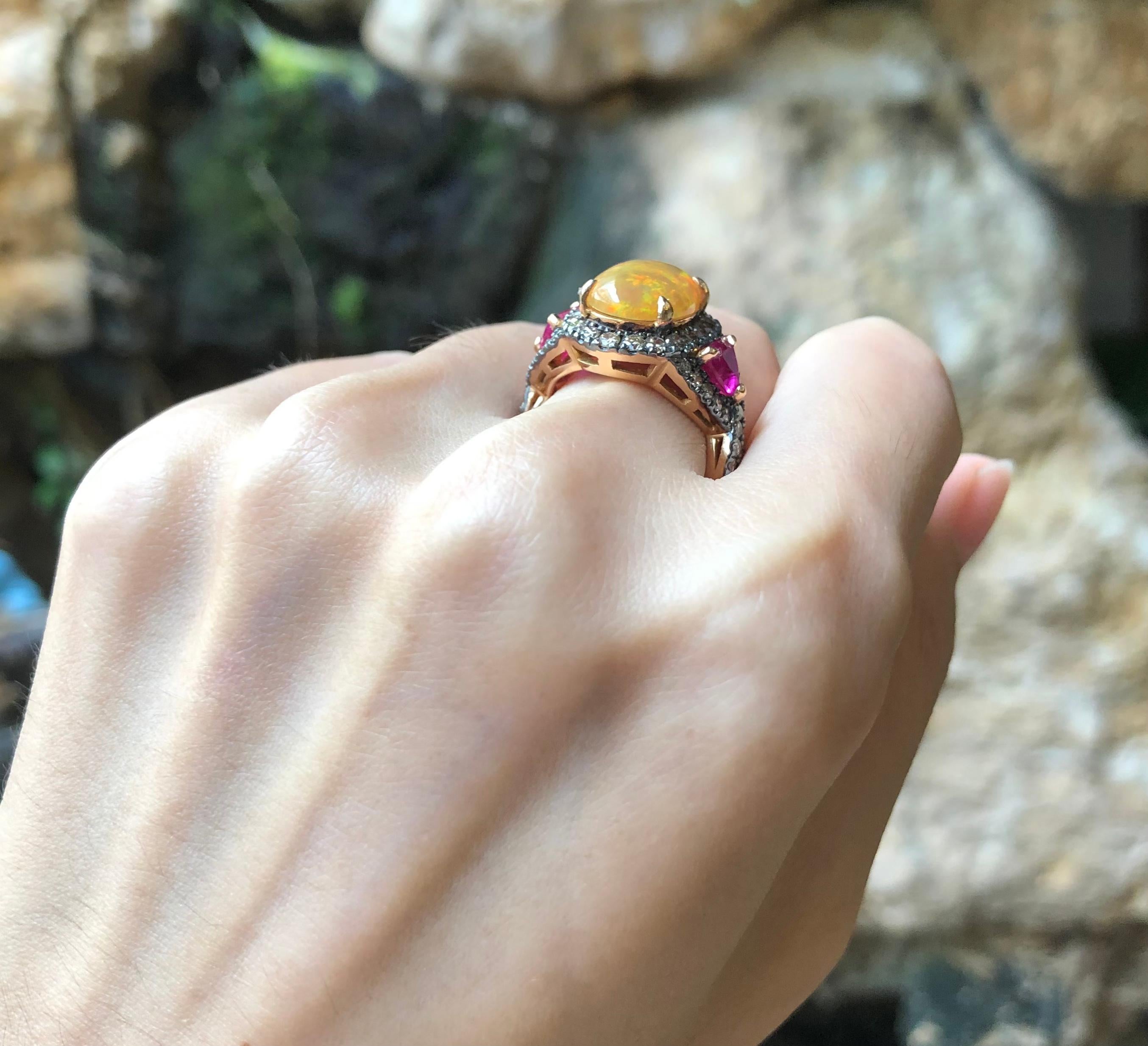 Opal, Ruby with Brown Diamond Ring Set in 18 Karat Rose Gold Settings For Sale 3