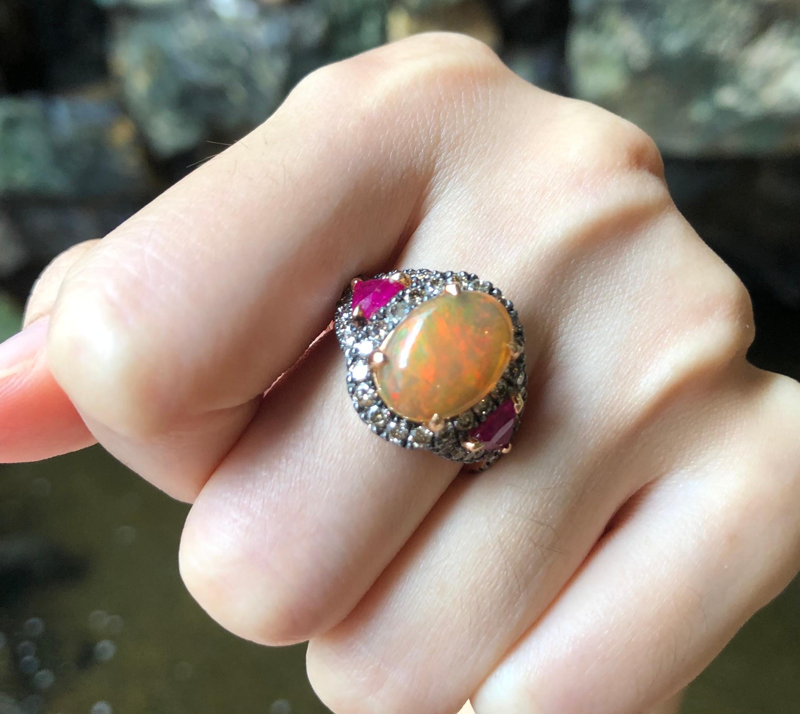 Opal, Ruby with Brown Diamond Ring Set in 18 Karat Rose Gold Settings For Sale 4