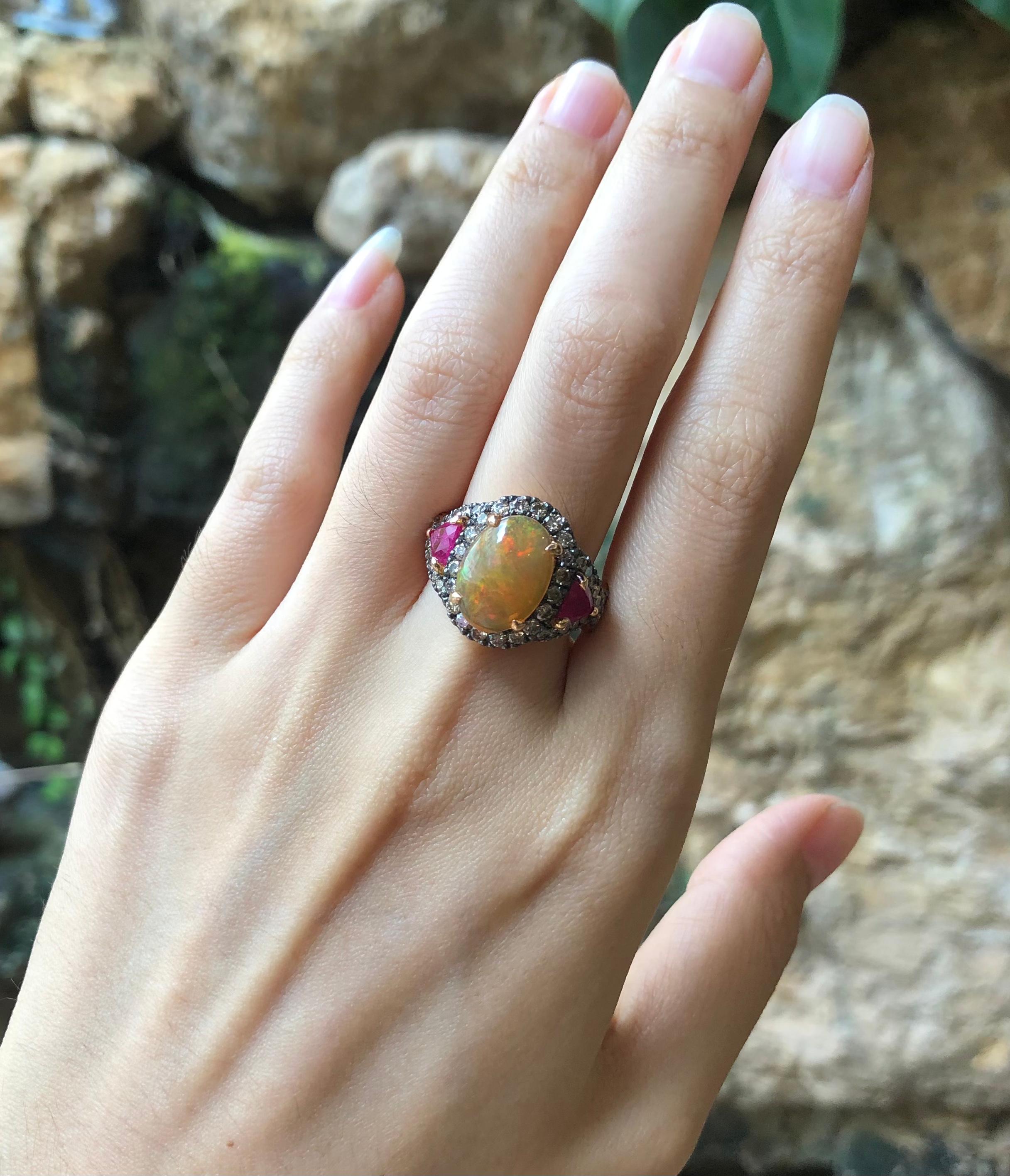 Opal, Ruby with Brown Diamond Ring Set in 18 Karat Rose Gold Settings For Sale 5