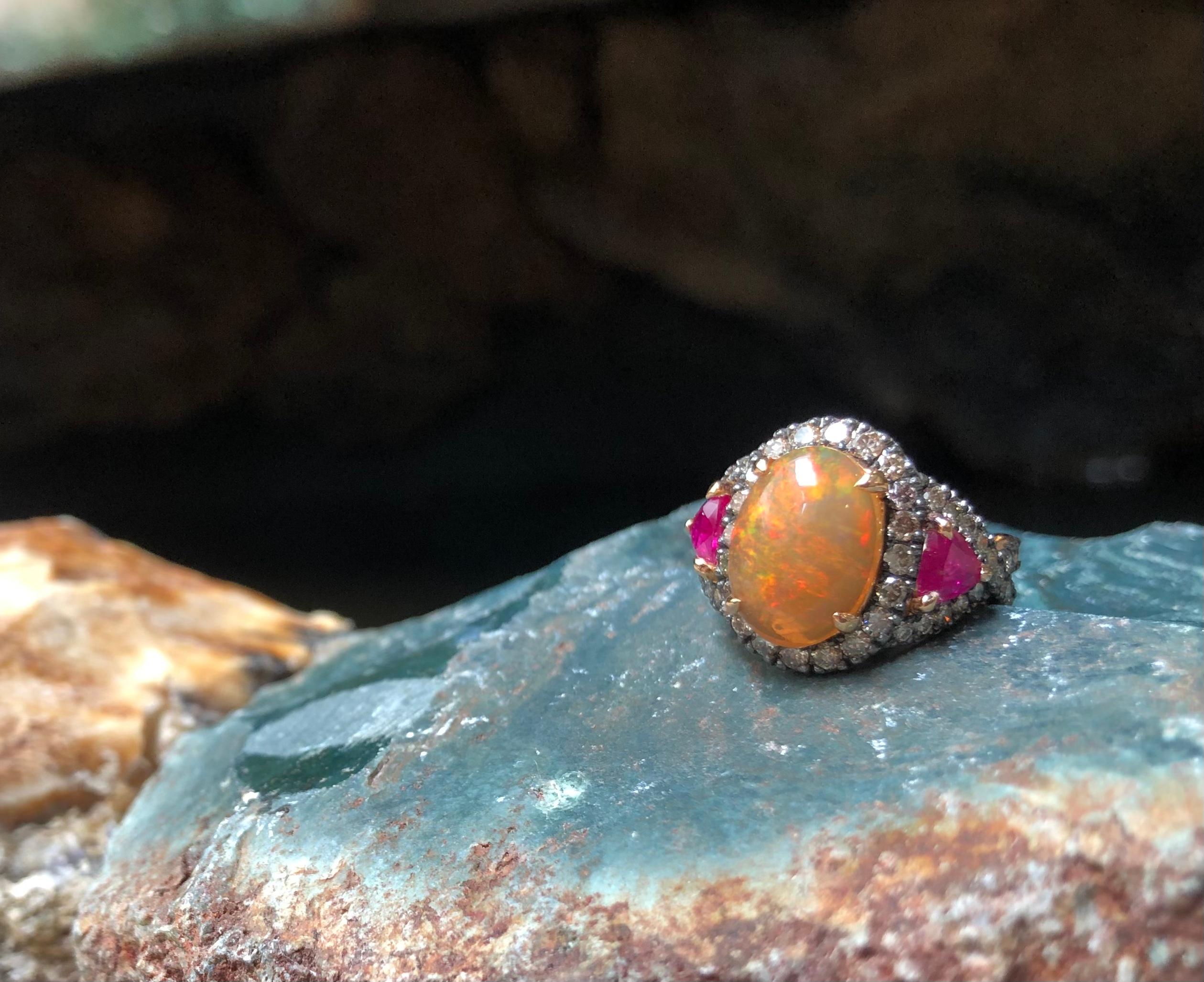 Opal, Ruby with Brown Diamond Ring Set in 18 Karat Rose Gold Settings For Sale 9