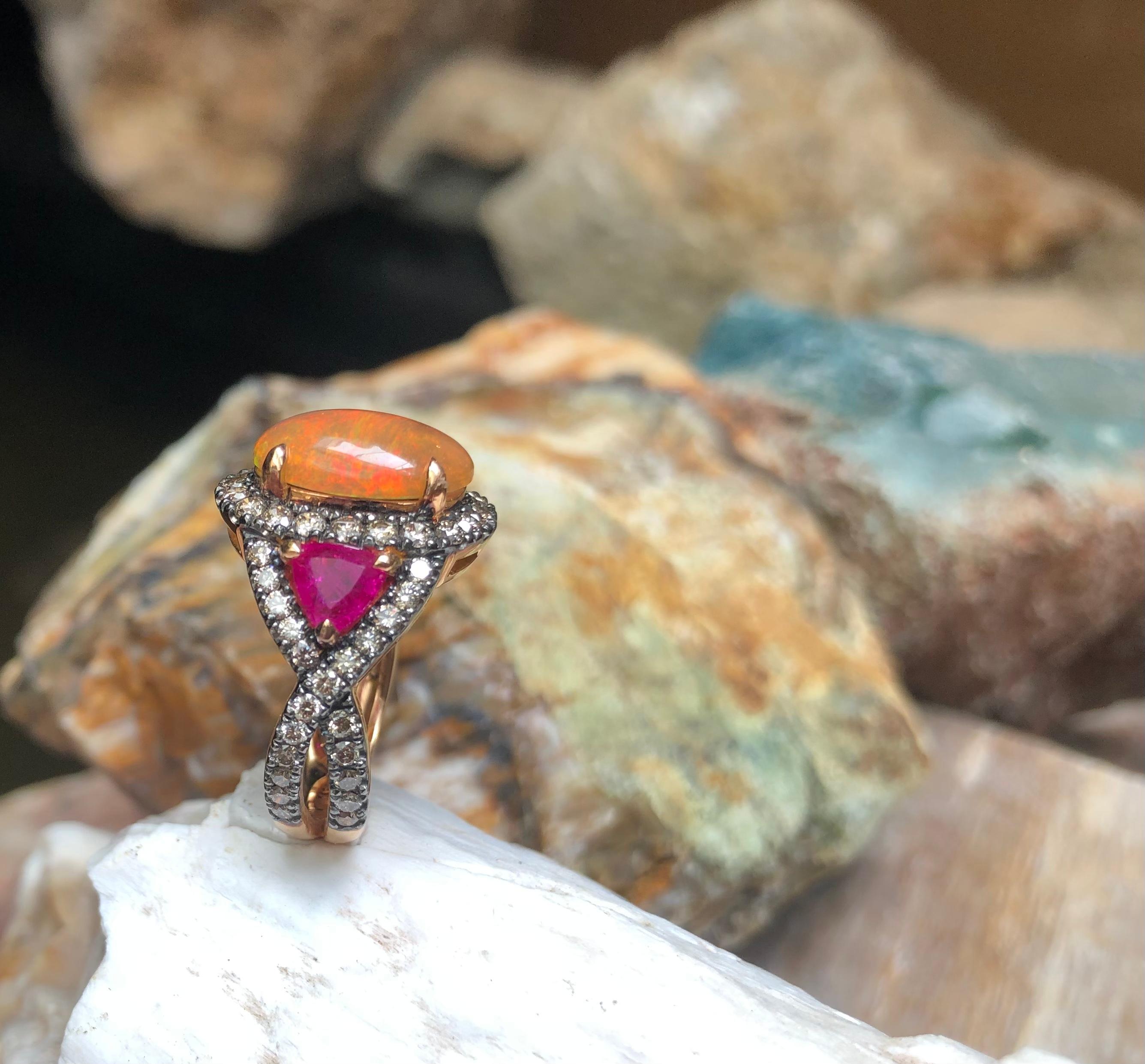 Opal, Ruby with Brown Diamond Ring Set in 18 Karat Rose Gold Settings For Sale 12