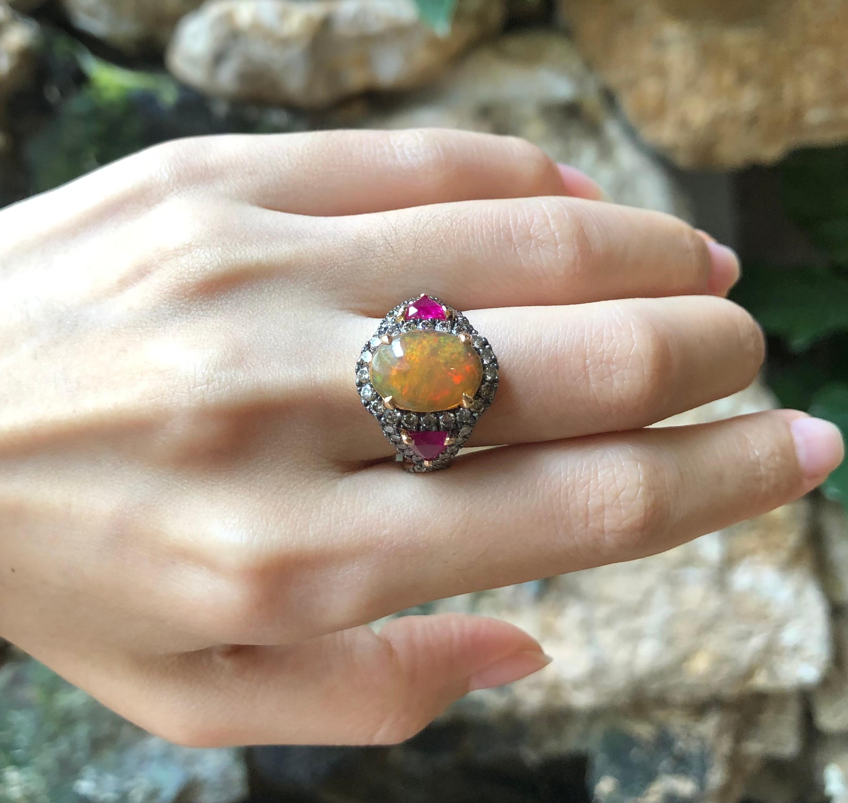 Cabochon Opal, Ruby with Brown Diamond Ring Set in 18 Karat Rose Gold Settings For Sale