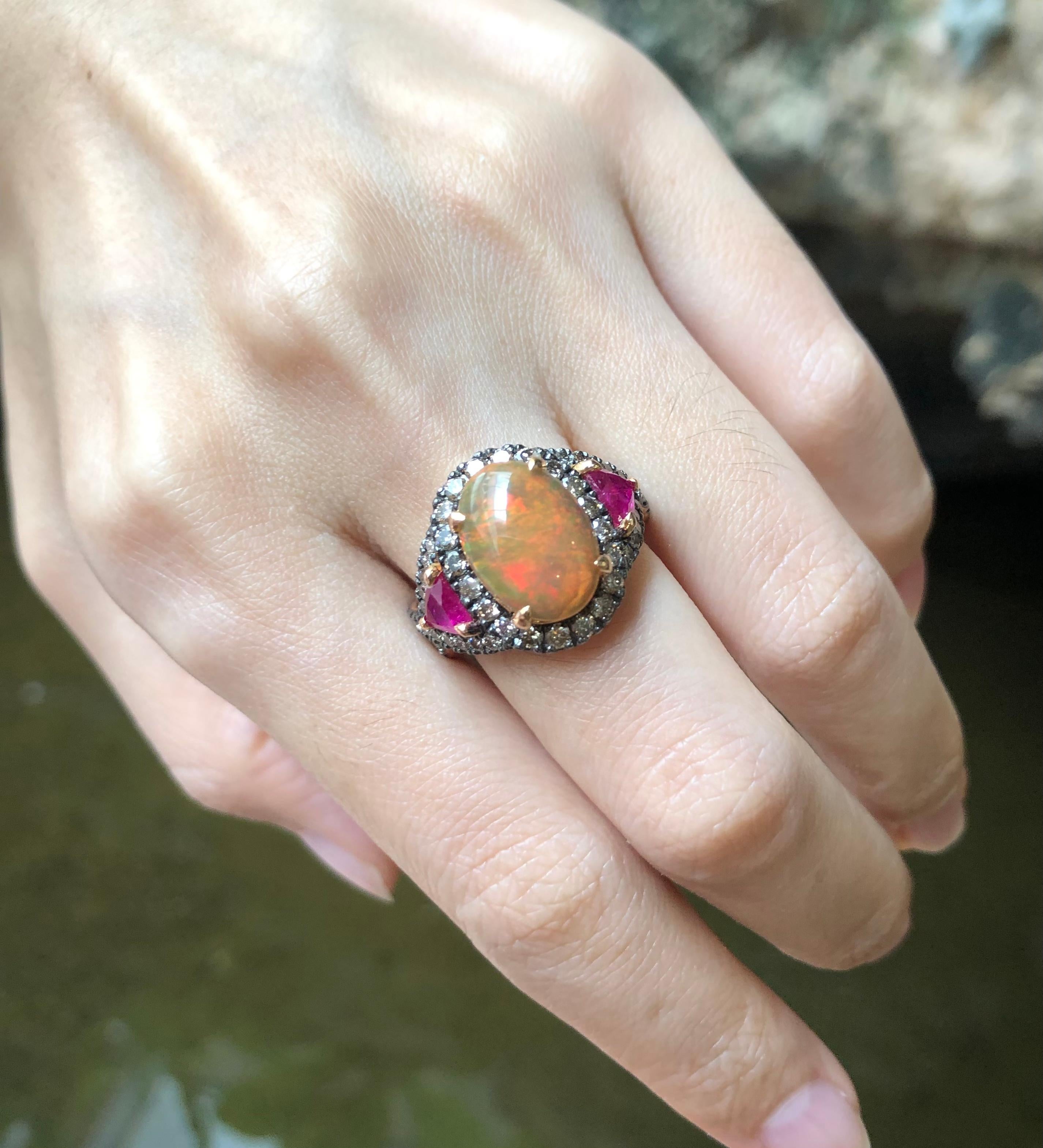 Opal, Ruby with Brown Diamond Ring Set in 18 Karat Rose Gold Settings In New Condition For Sale In Bangkok, TH