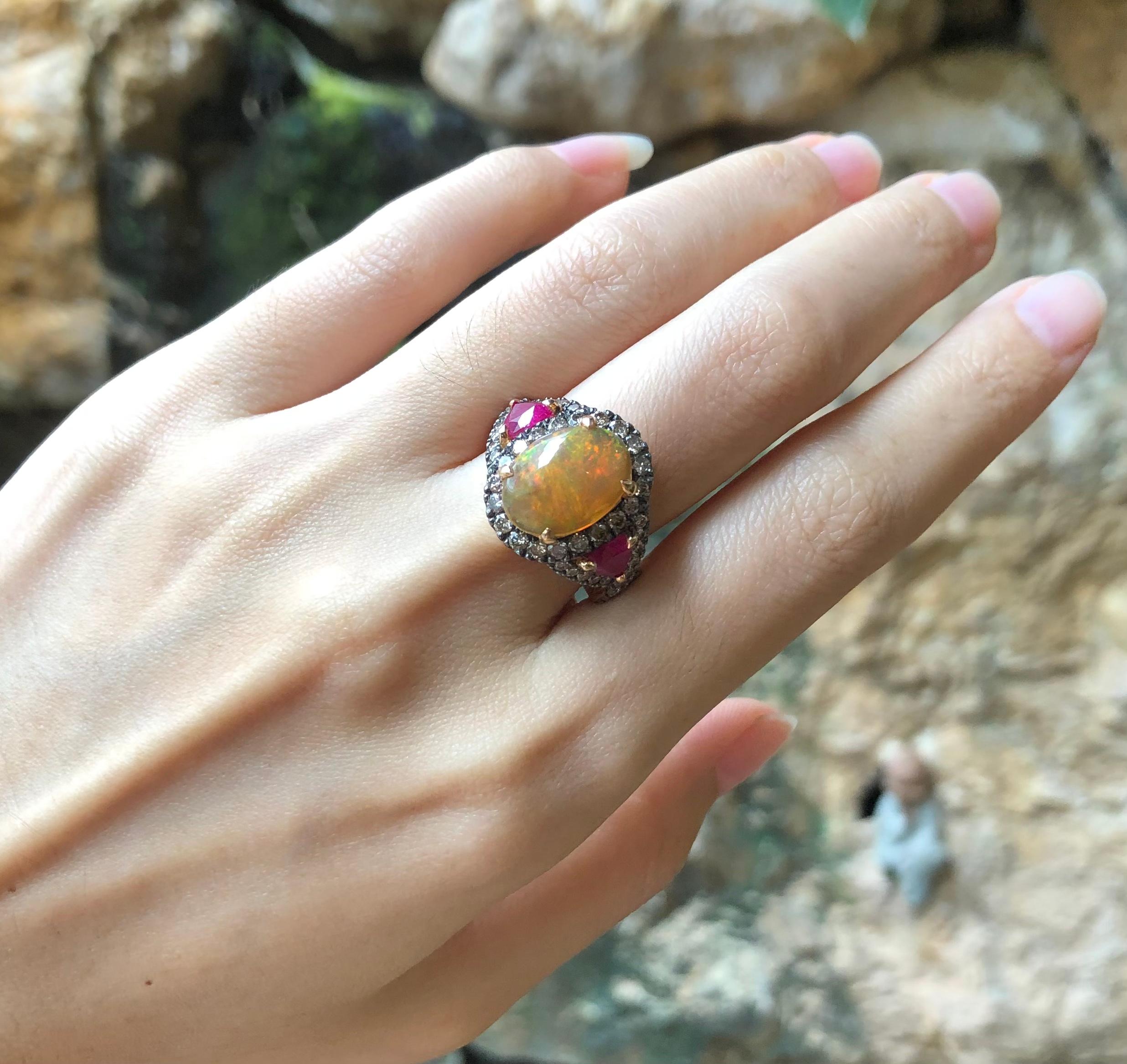 Opal, Ruby with Brown Diamond Ring Set in 18 Karat Rose Gold Settings For Sale 1