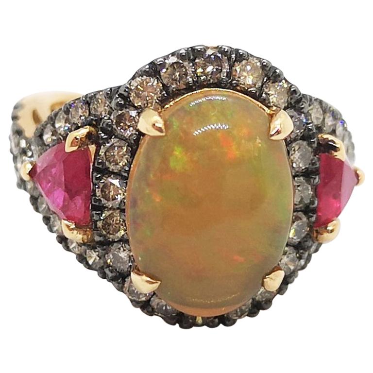 Opal, Ruby with Brown Diamond Ring Set in 18 Karat Rose Gold Settings