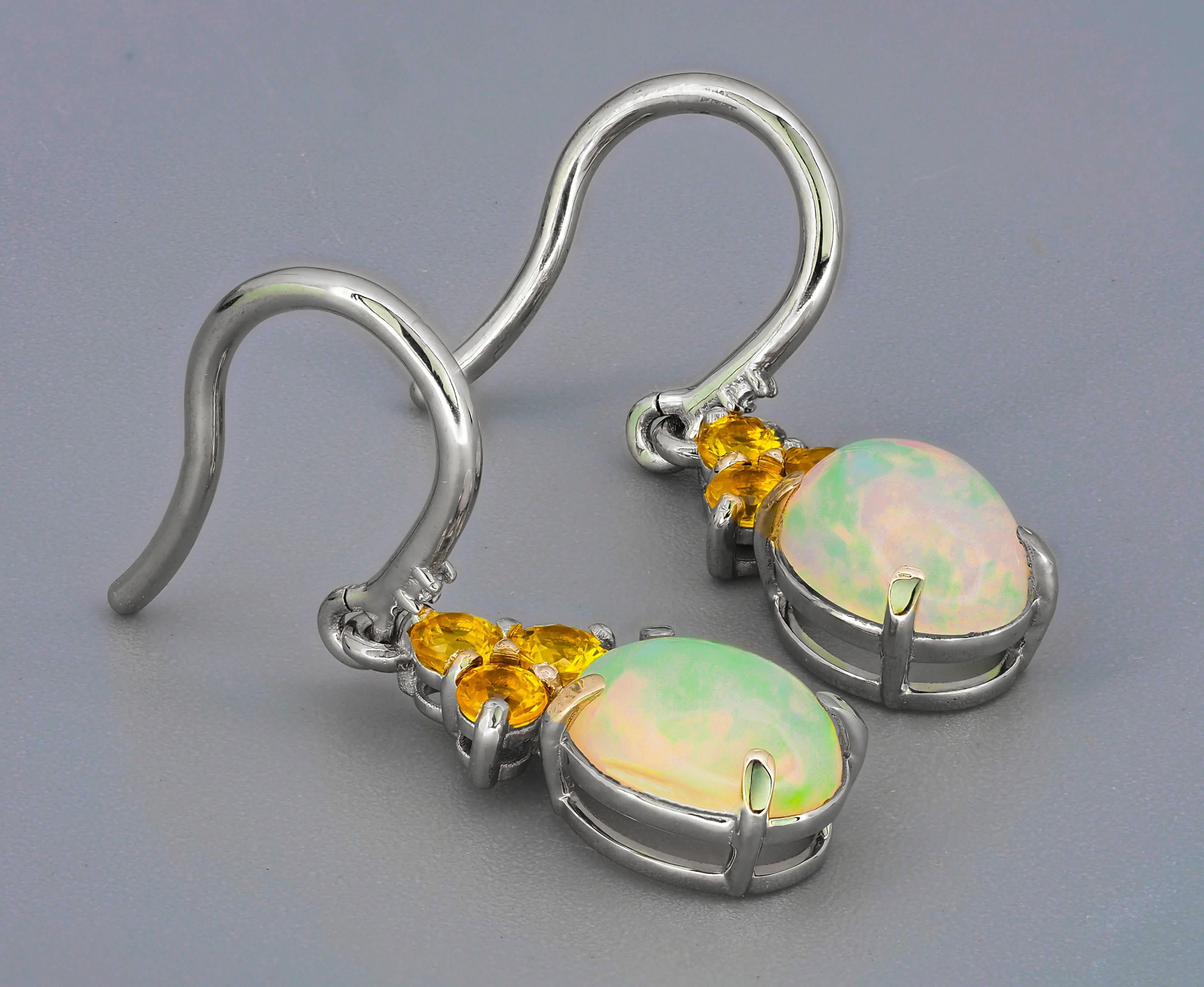 Opal, sapphire 14k gold earrings.  In New Condition For Sale In Istanbul, TR