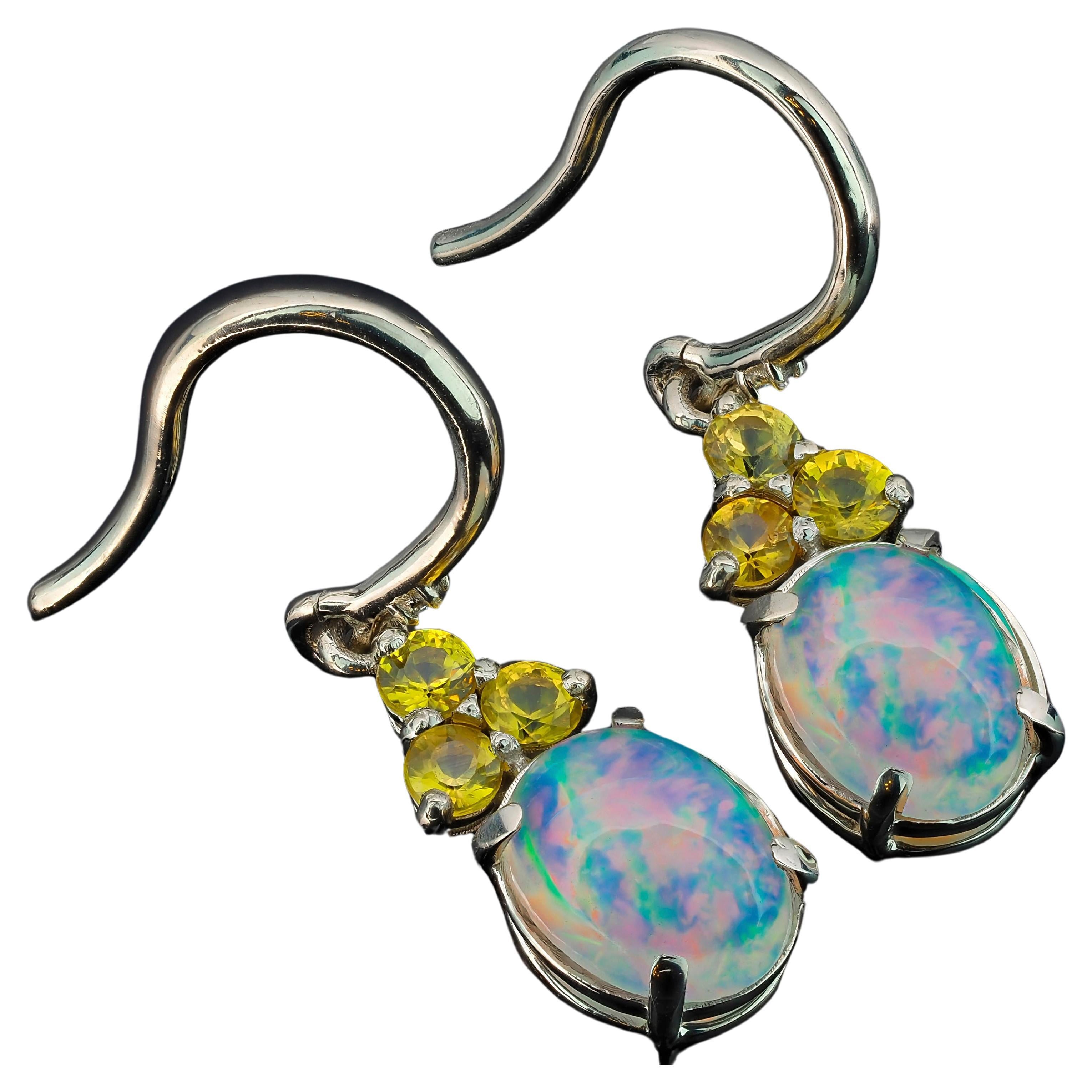 Opal, sapphire 14k gold earrings. 