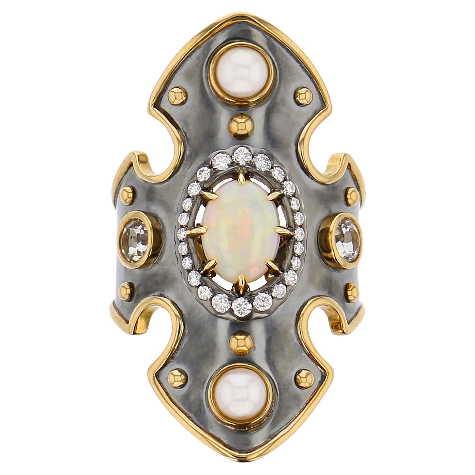 Opal, Sapphire & Akoya Pearls Bouclier Ring in 18k yellow Gold by Elie Top For Sale