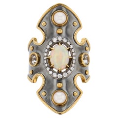 Opal, Sapphire & Akoya Pearls Bouclier Ring in 18k yellow Gold by Elie Top