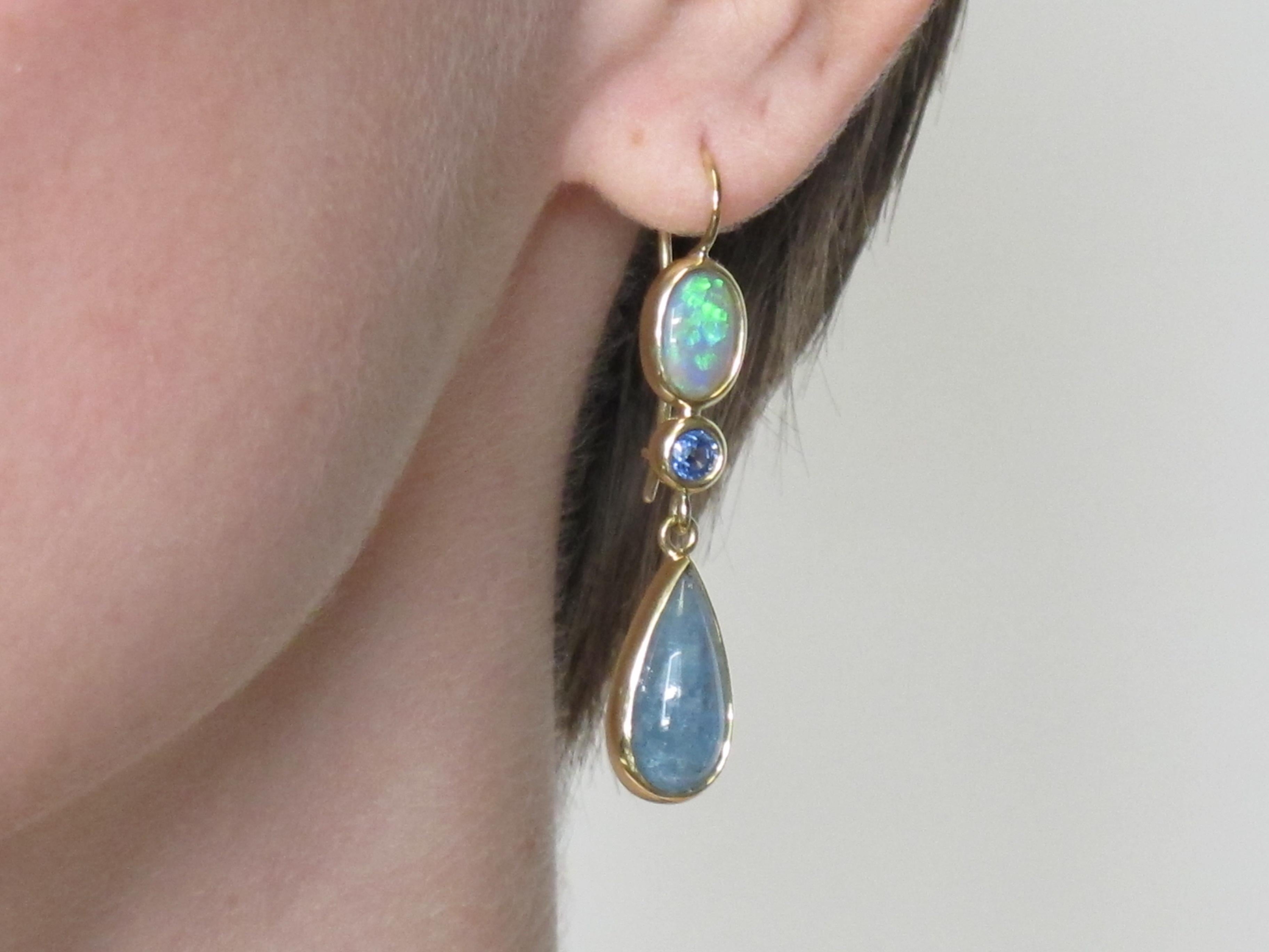 Artisan Opal, Sapphire and Aquamarine Cabochon 18 Karat Yellow Gold Earrings