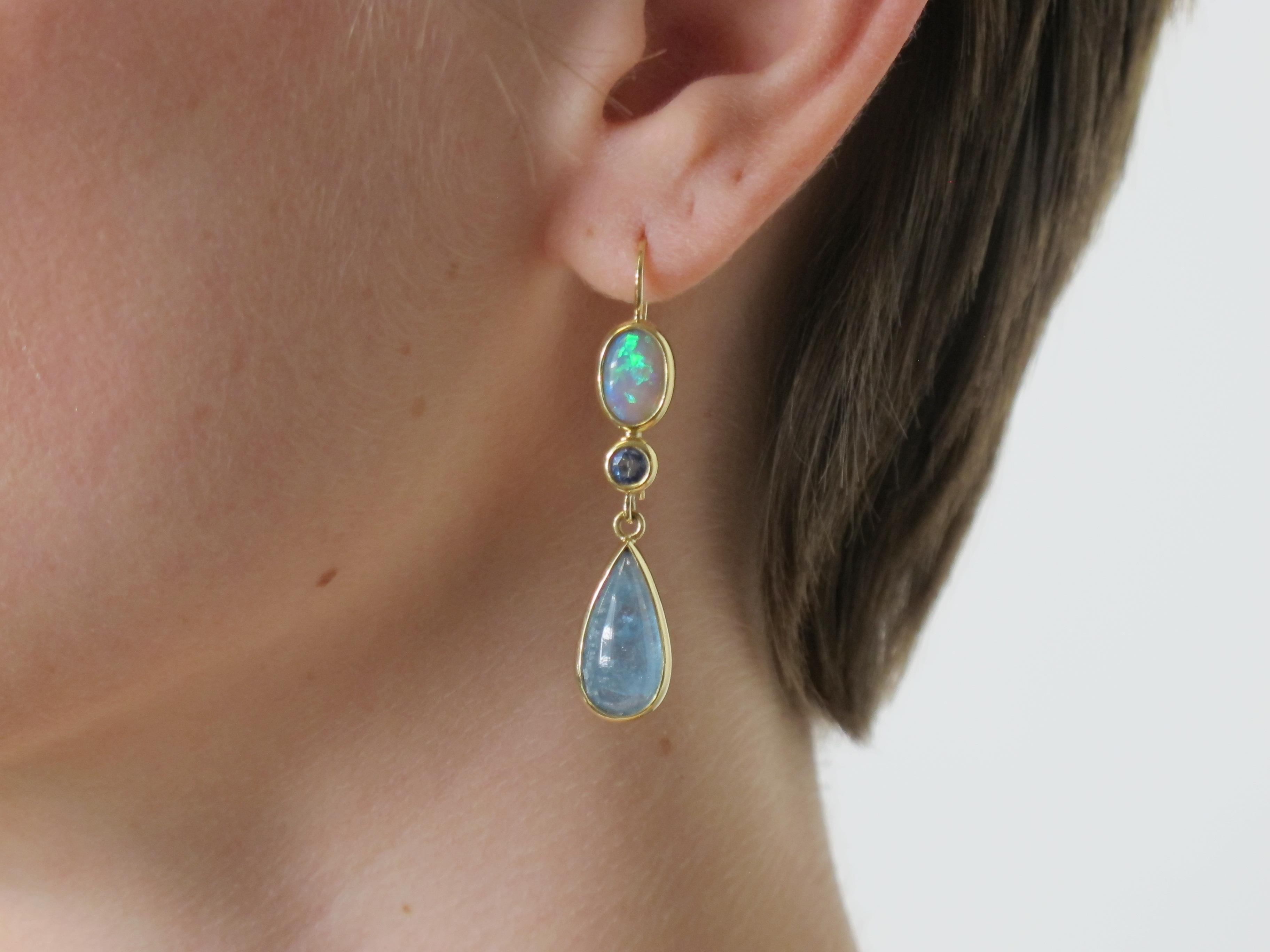 Oval Cut Opal, Sapphire and Aquamarine Cabochon 18 Karat Yellow Gold Earrings