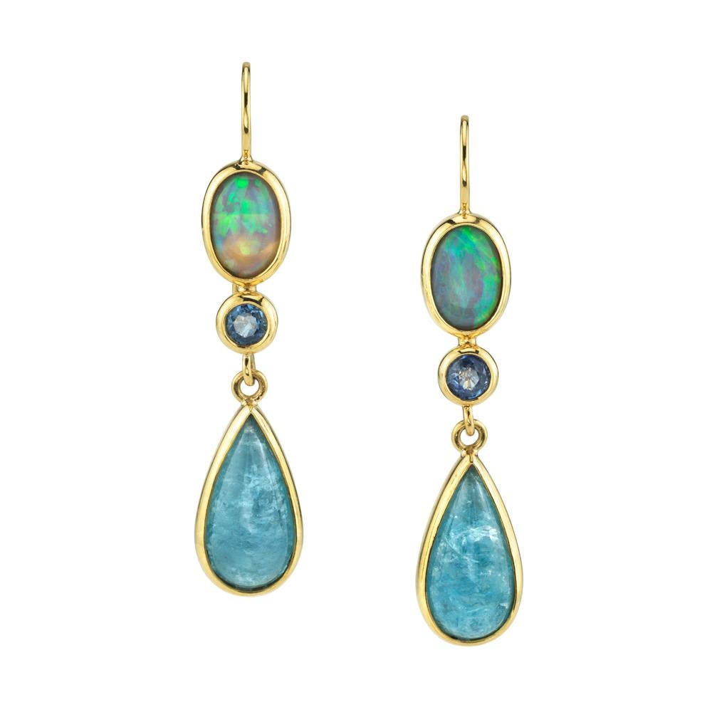 Opal, Sapphire and Aquamarine Cabochon 18 Karat Yellow Gold Earrings