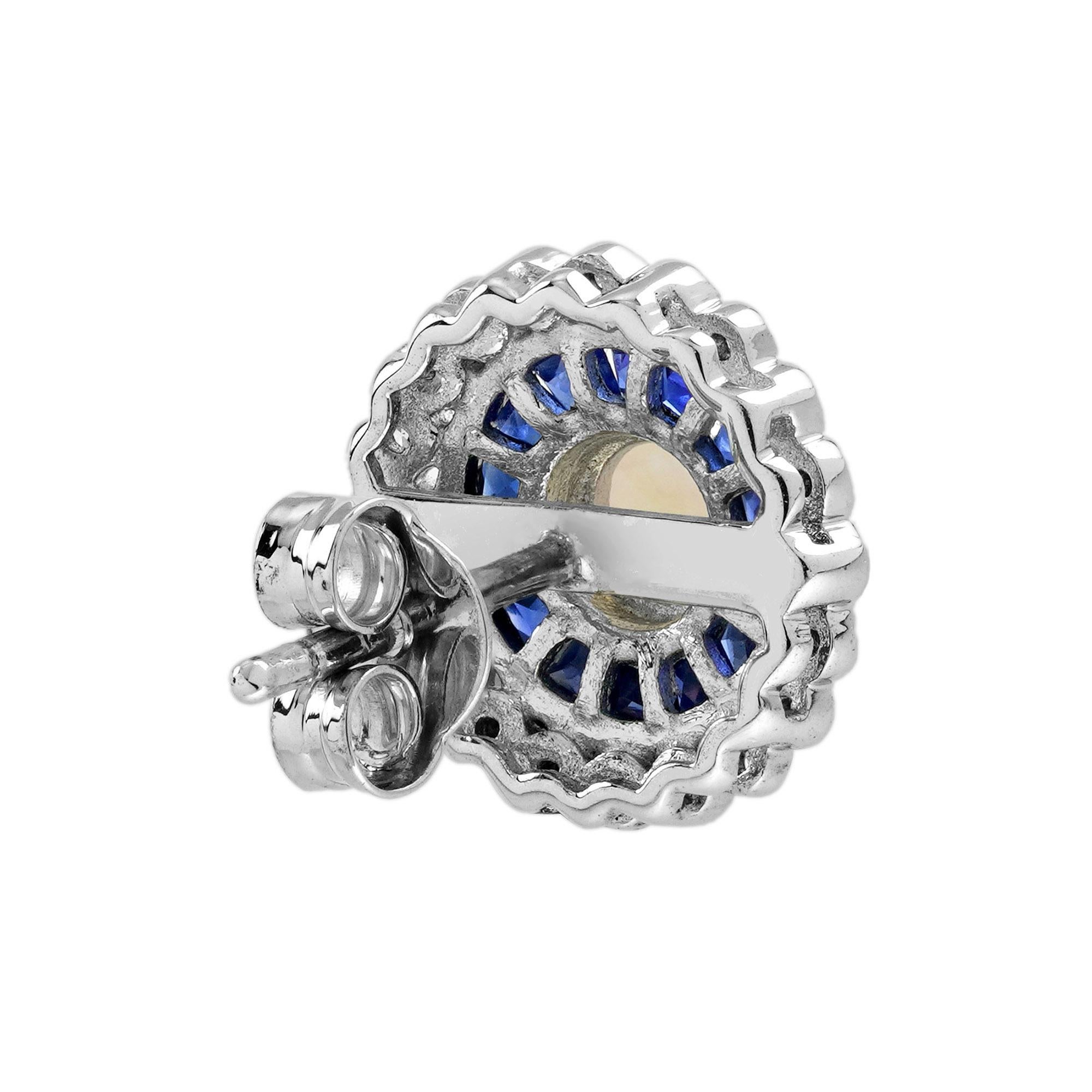 Taglio rotondo Orecchini con zaffiro opale e diamanti in stile Art Deco in oro bianco 14 carati in vendita