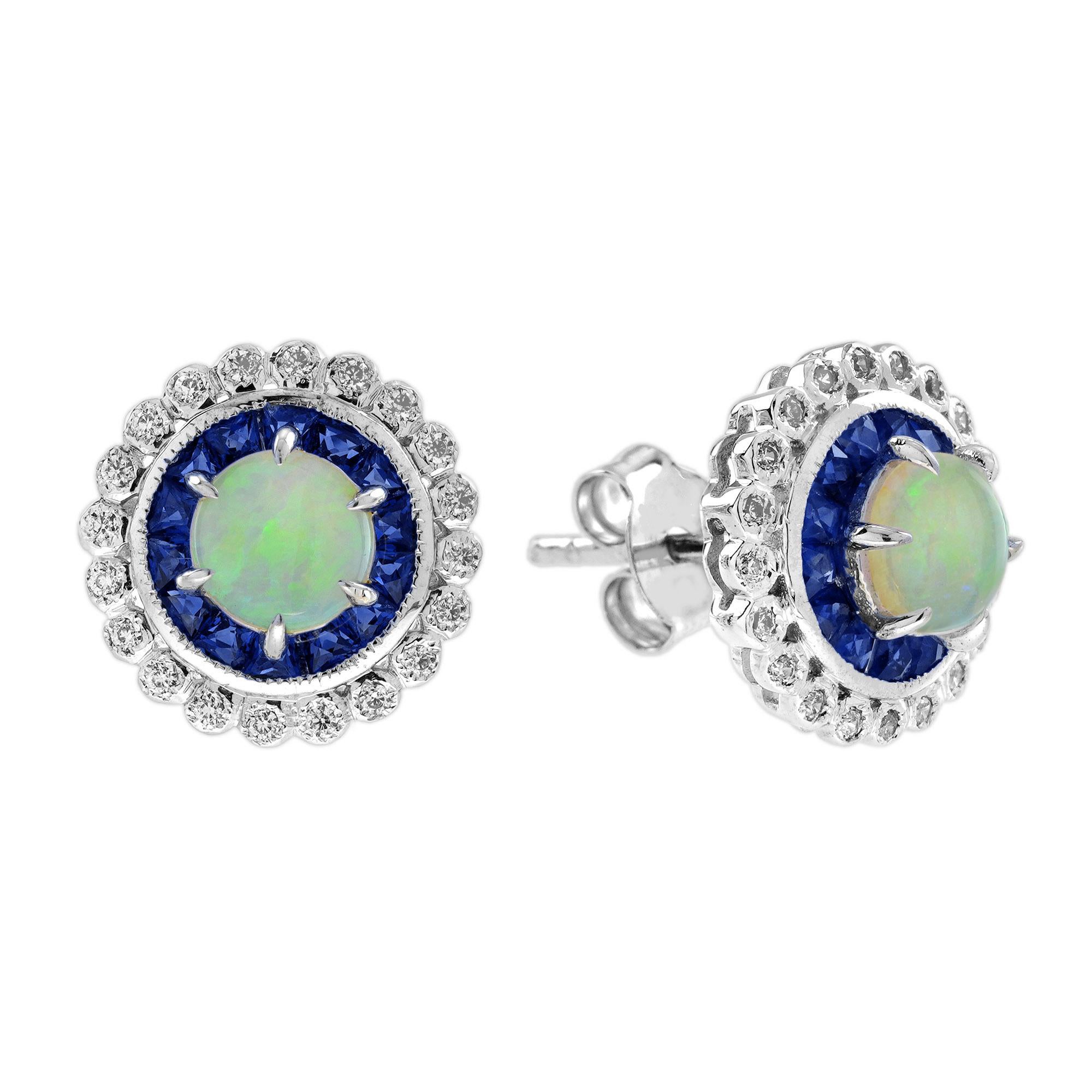Opal Sapphire and Diamond Art Deco Style Stud Earrings in 14K White Gold For Sale