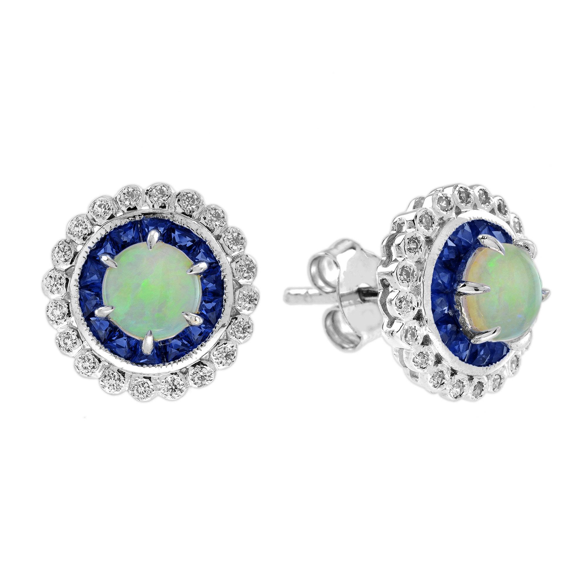 Opal Sapphire and Diamond Art Deco Style Stud Earrings in 14K White Gold