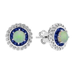 Opal Sapphire and Diamond Art Deco Style Stud Earrings in 14K White Gold