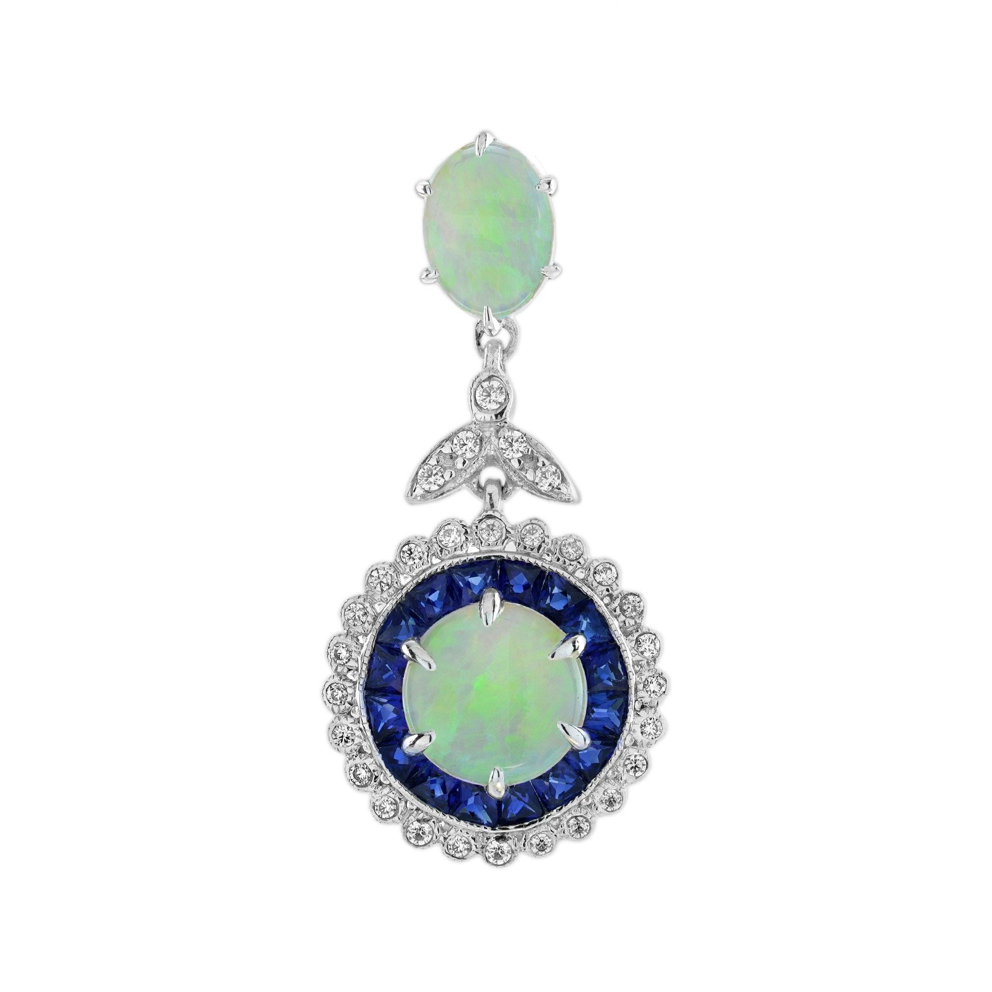 Opal Sapphire and Diamond Art Deco Style Target Pendant in 14K White Gold For Sale