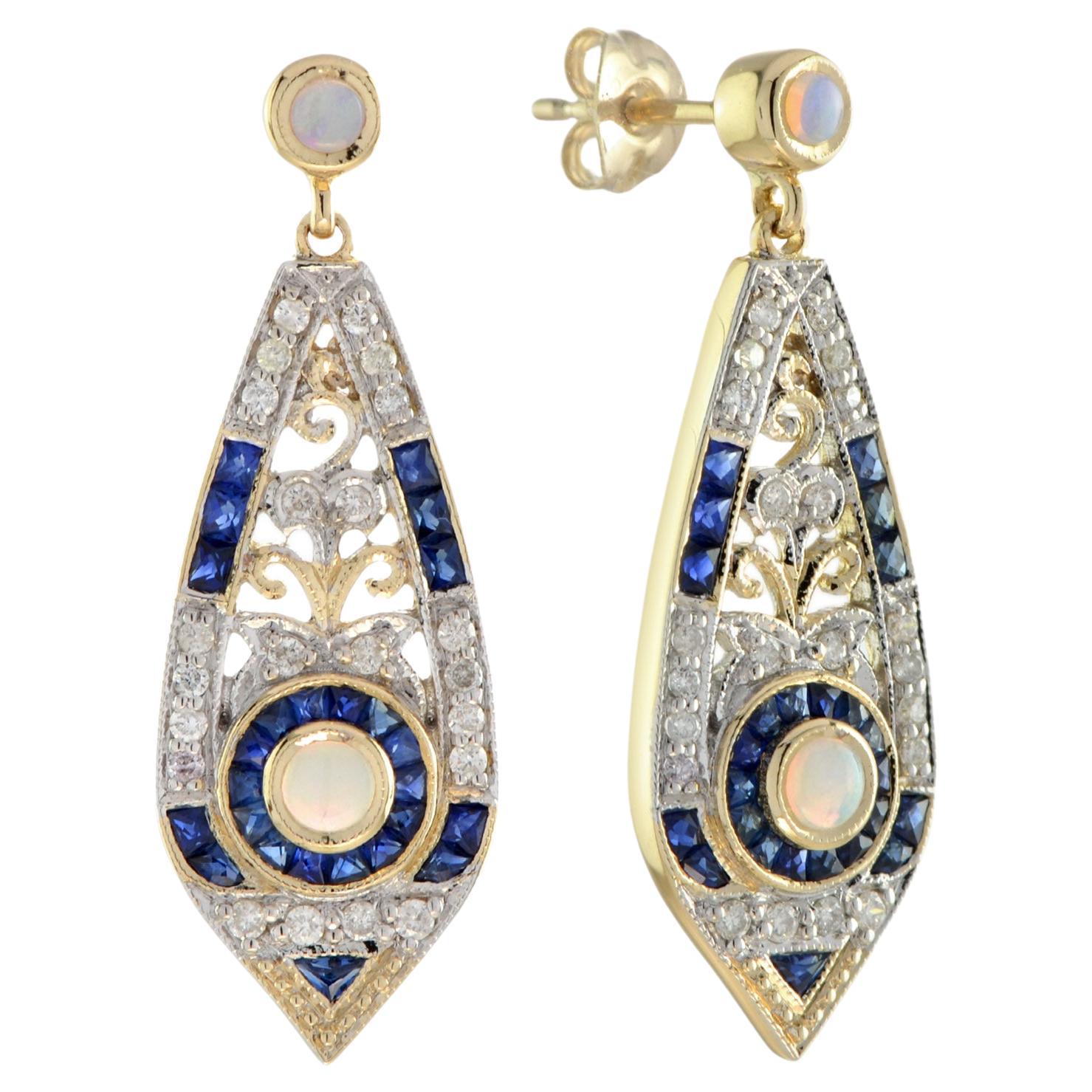 Opal Sapphire Diamond Art Deco Style Drop Earrings in 9k Yellow Gold
