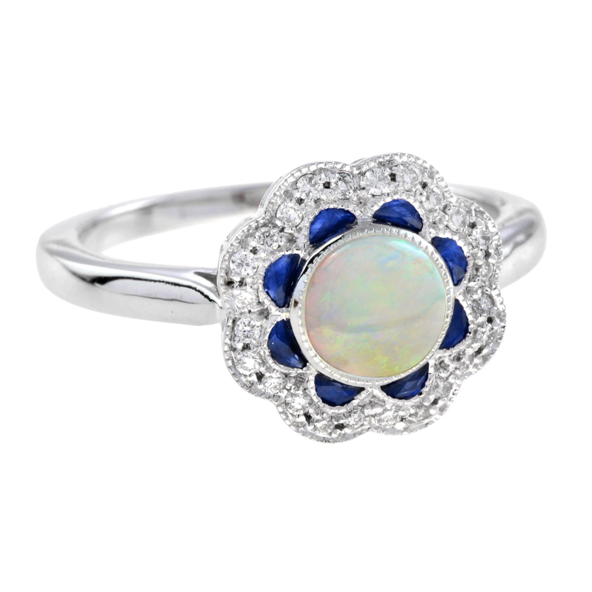 Round Cut Opal Sapphire Diamond Art Deco Style Engagement Ring in 14K White Gold For Sale