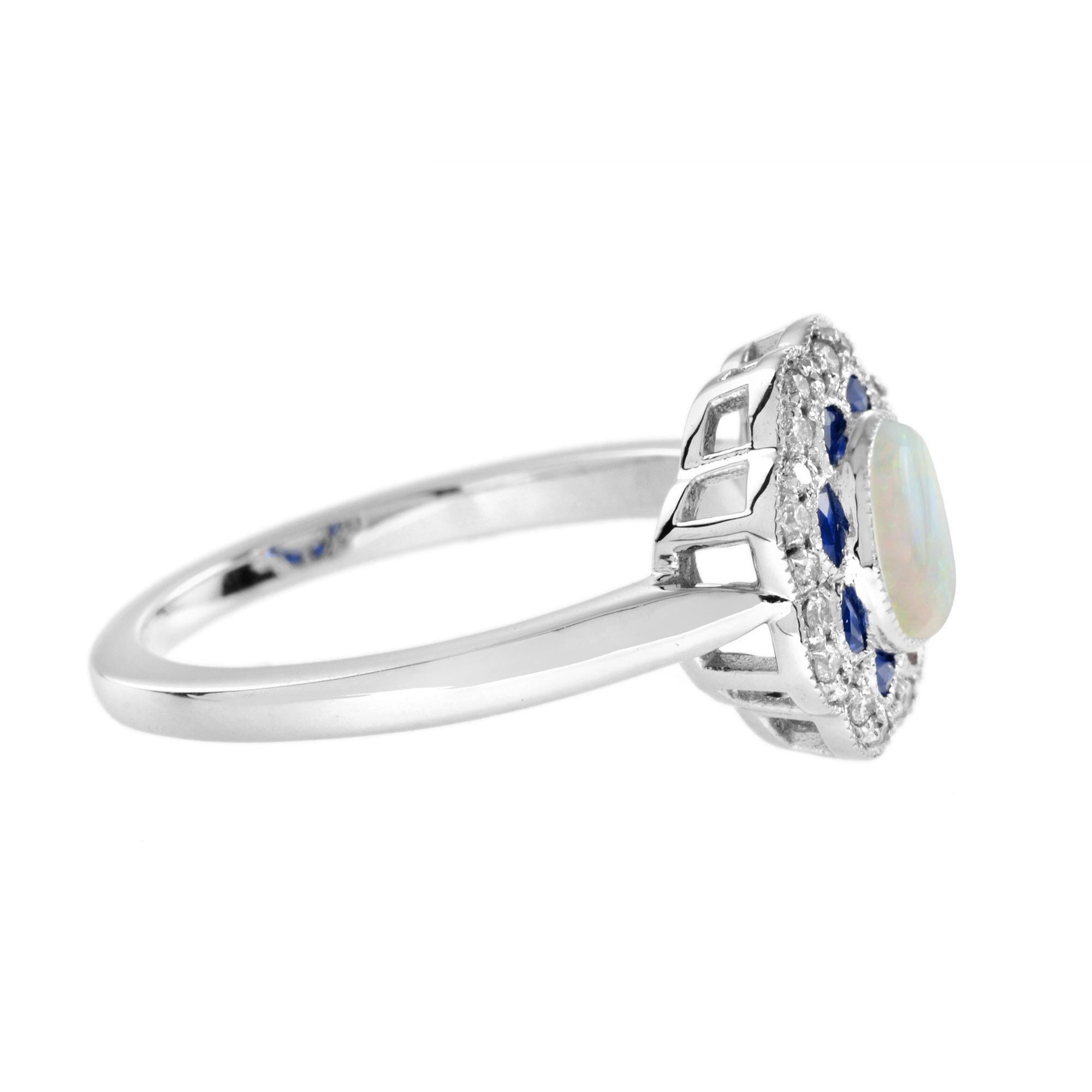 Opal Sapphire Diamond Art Deco Style Engagement Ring in 14K White Gold In New Condition For Sale In Bangkok, TH