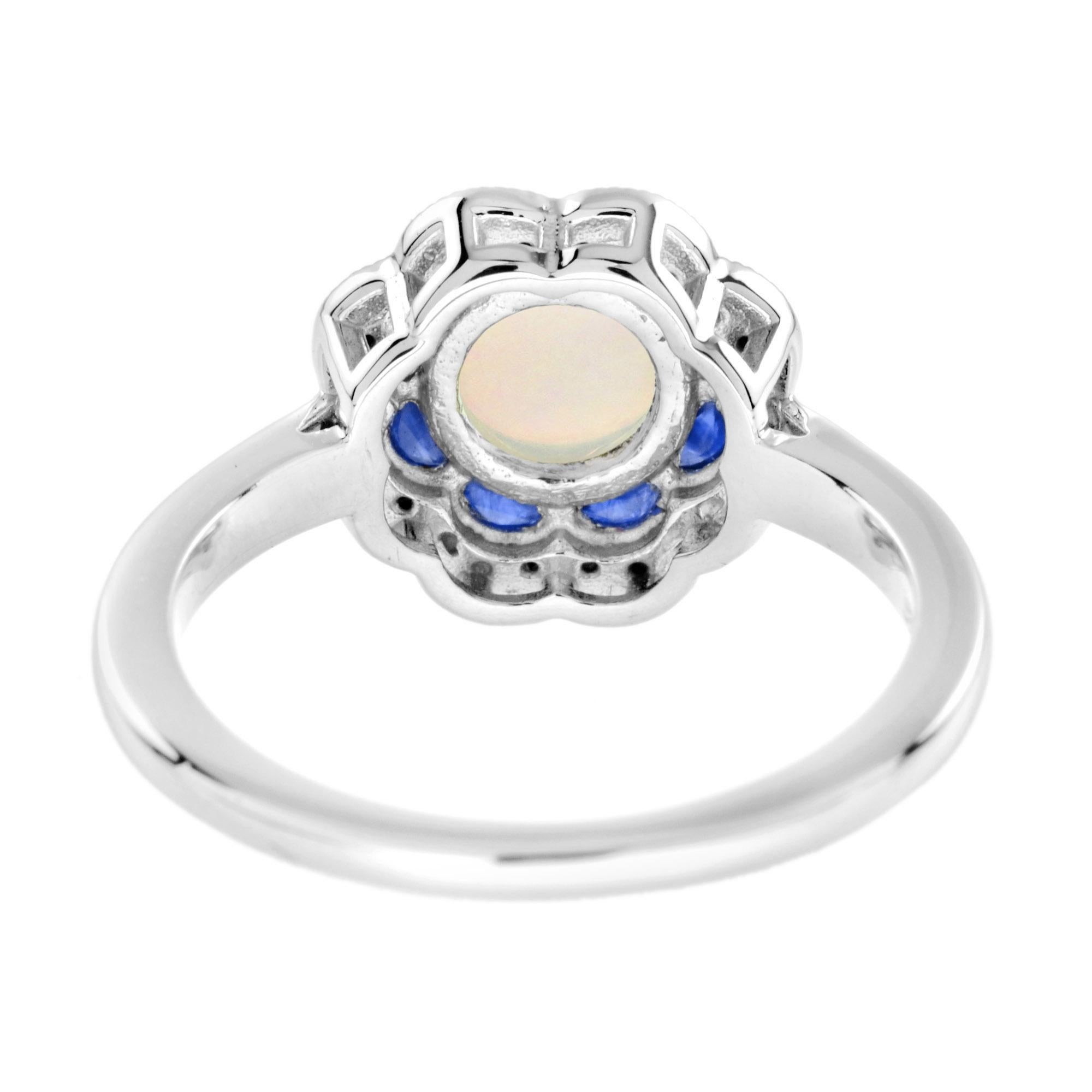 Women's Opal Sapphire Diamond Art Deco Style Engagement Ring in 14K White Gold For Sale