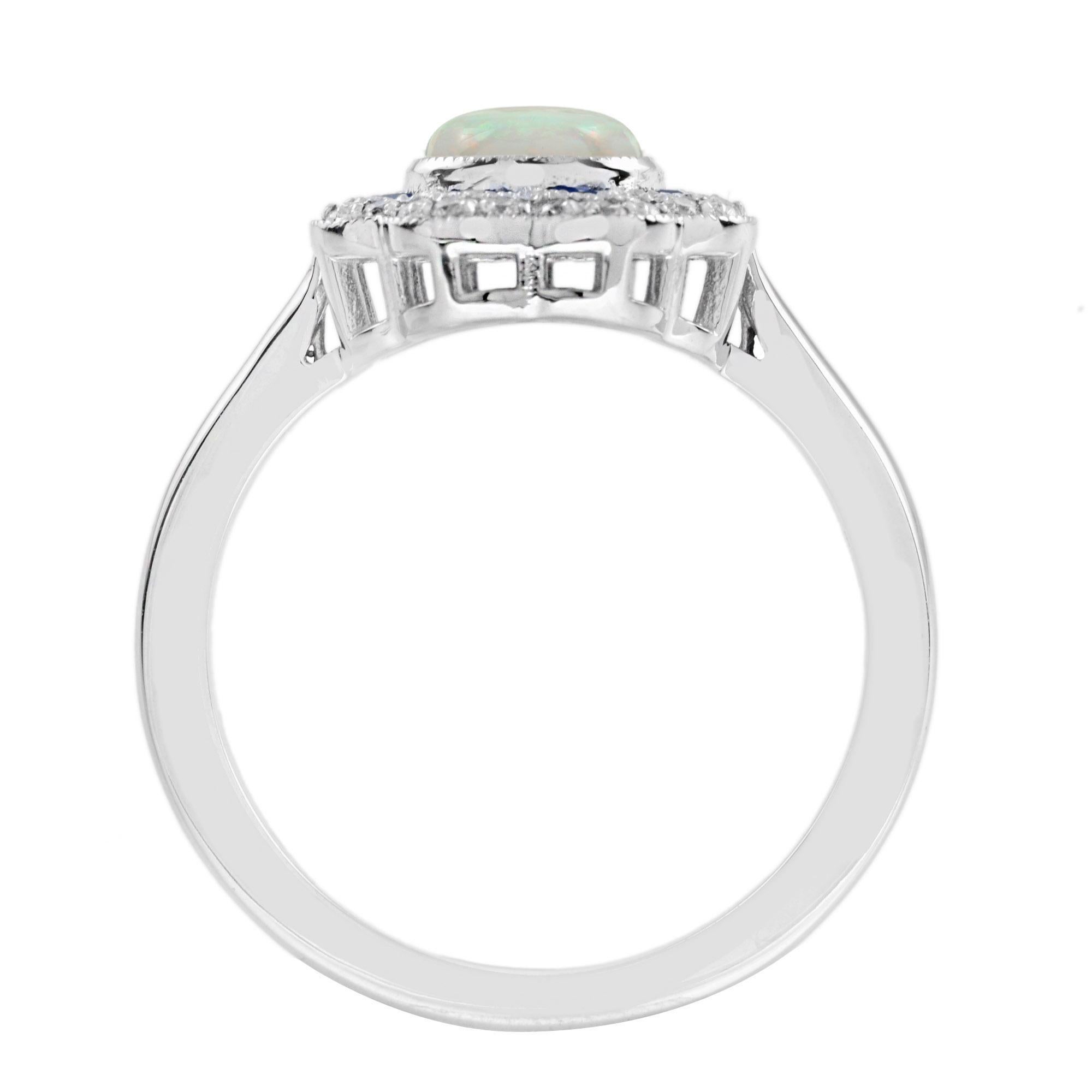 Opal Sapphire Diamond Art Deco Style Engagement Ring in 14K White Gold For Sale 1